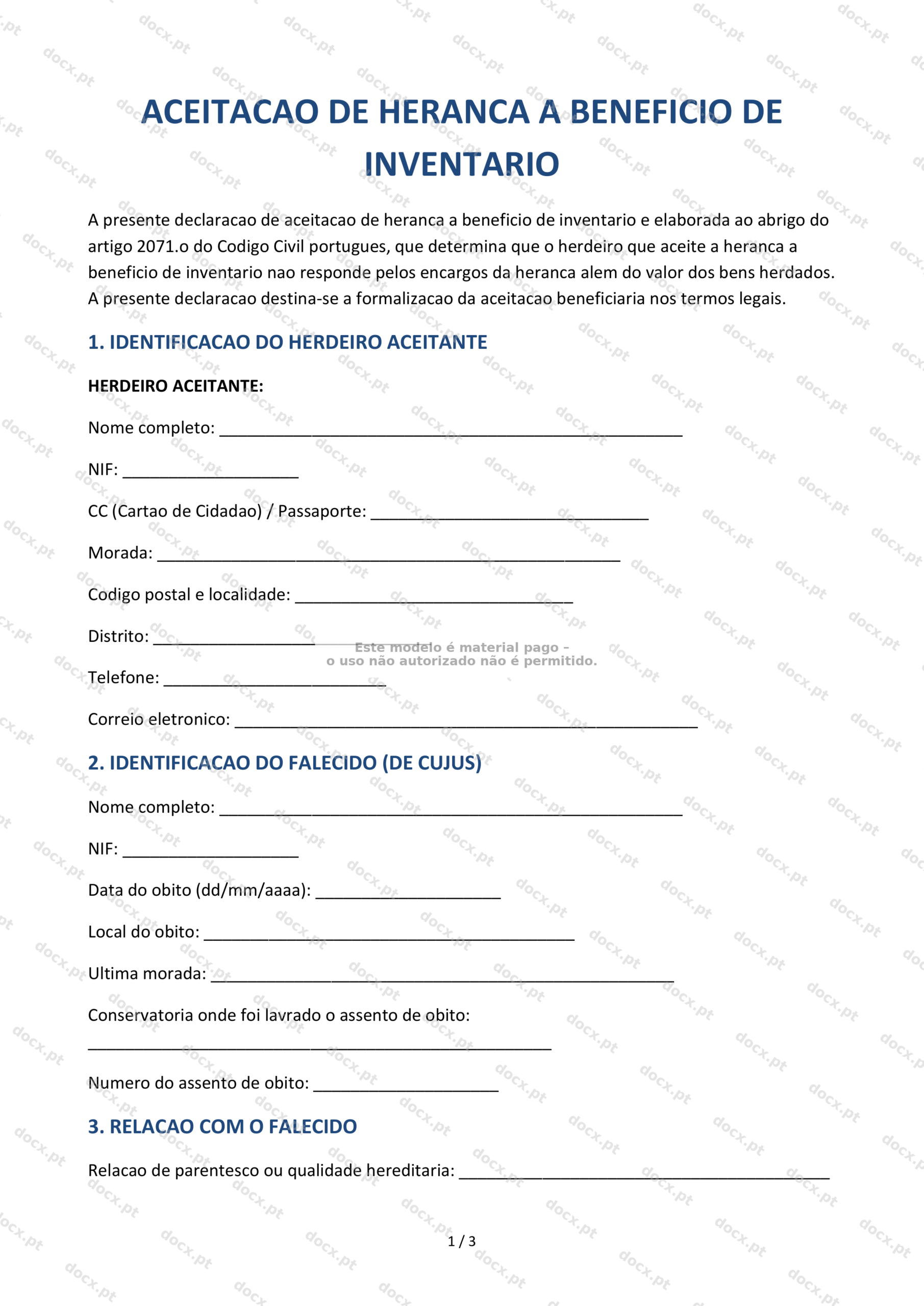 Aceitação de Herança a Benefício de Inventário — Formulário Word e PDF