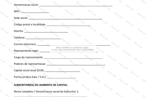 Documento de acordo de aumento de capital, página 1 em papel A4, com texto impresso.