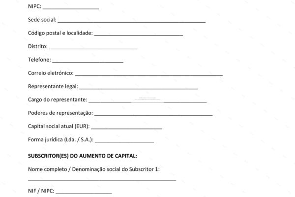 Documento de acordo de aumento de capital, página 1 em papel A4, com texto impresso.
