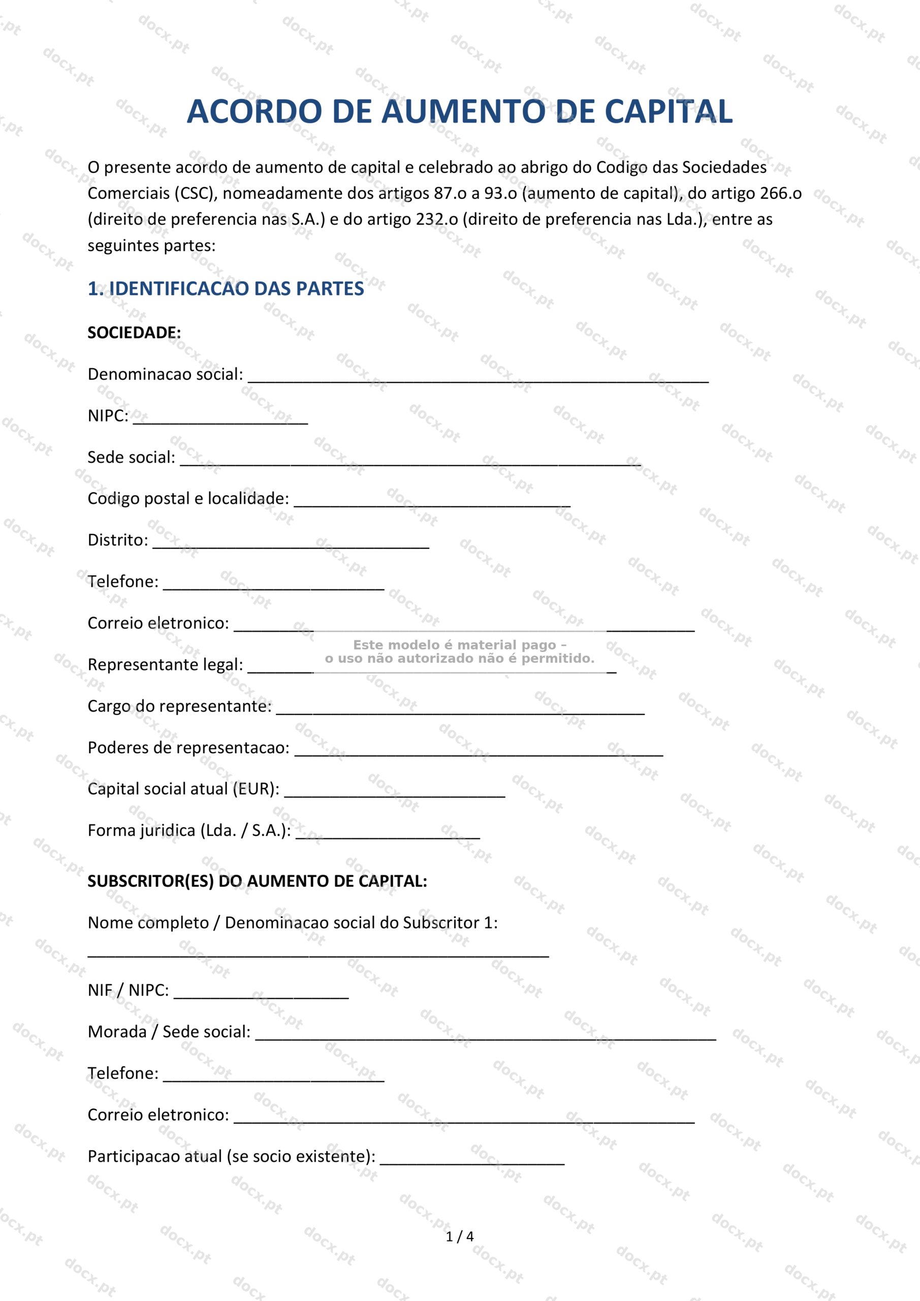 Acordo de Aumento de Capital — Modelo Descarregável