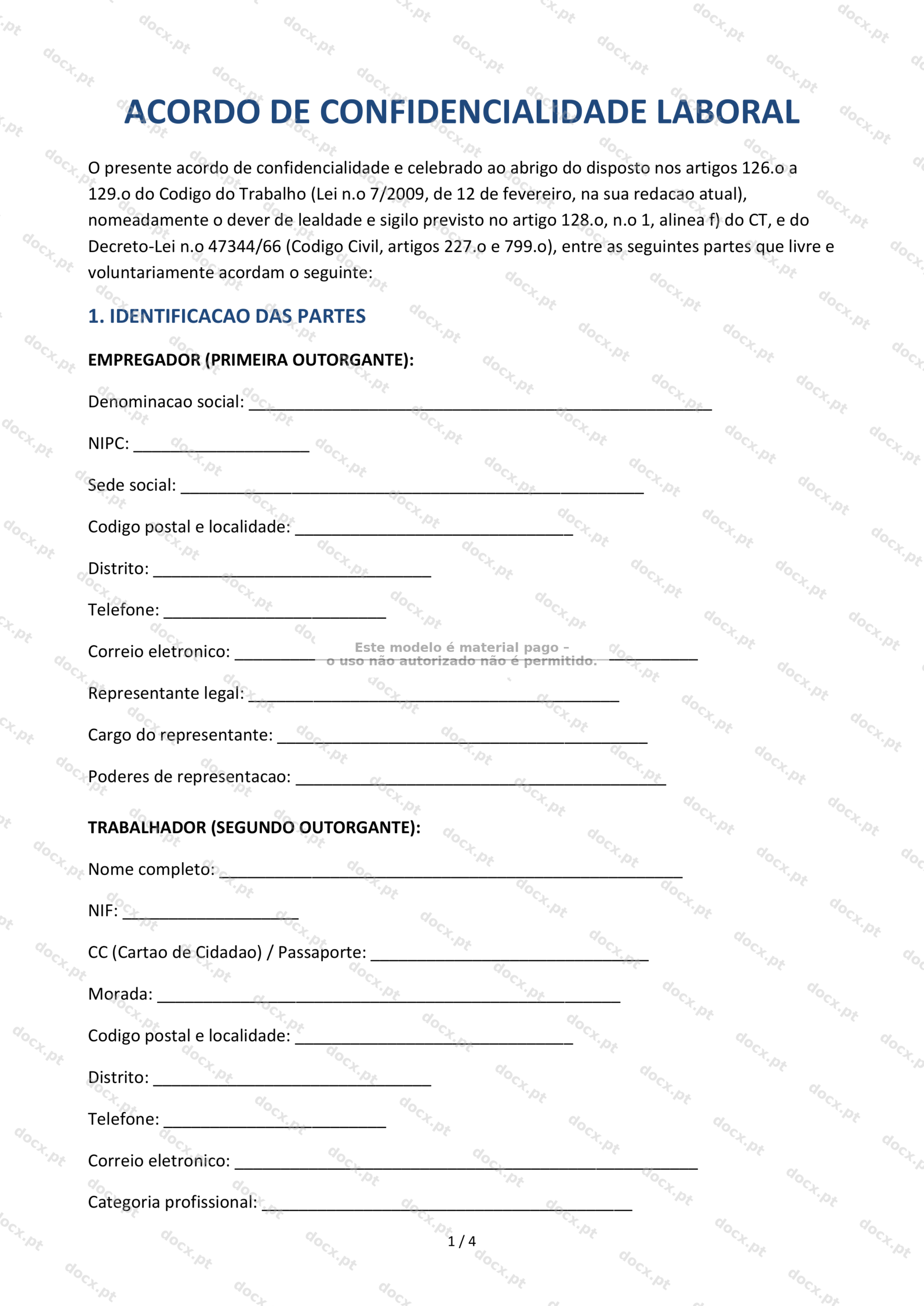 Acordo de Confidencialidade Laboral — Documento PDF Imprimível