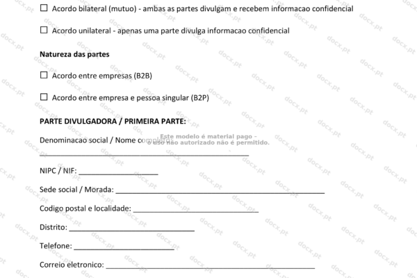 Documento de confidencialidade NDA em formato A4, página 1, com texto visível