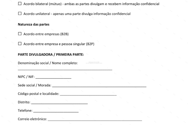 Documento de confidencialidade NDA em formato A4, página 1, com texto visível
