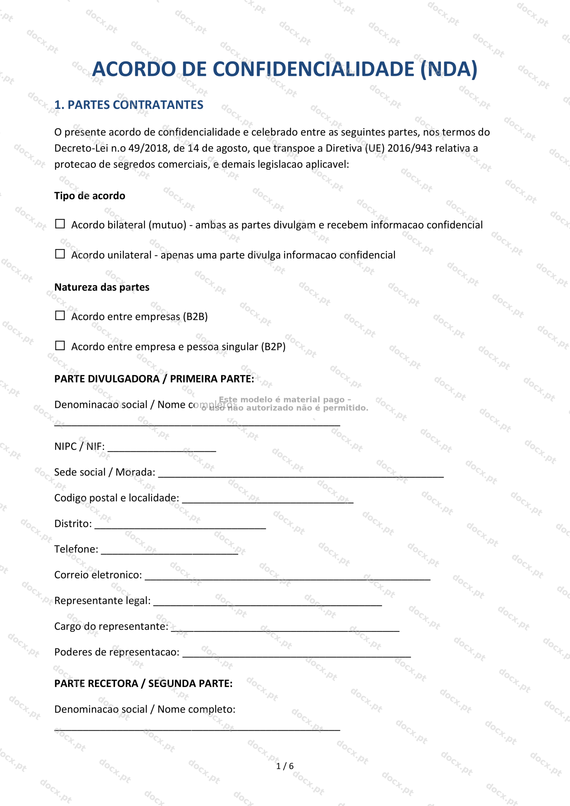 Acordo de Confidencialidade (NDA) — Modelo Word Editável