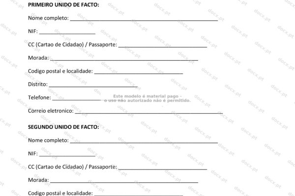 Documento jurídico: acordo para dissolução de união de facto, página 1, formato A4.
