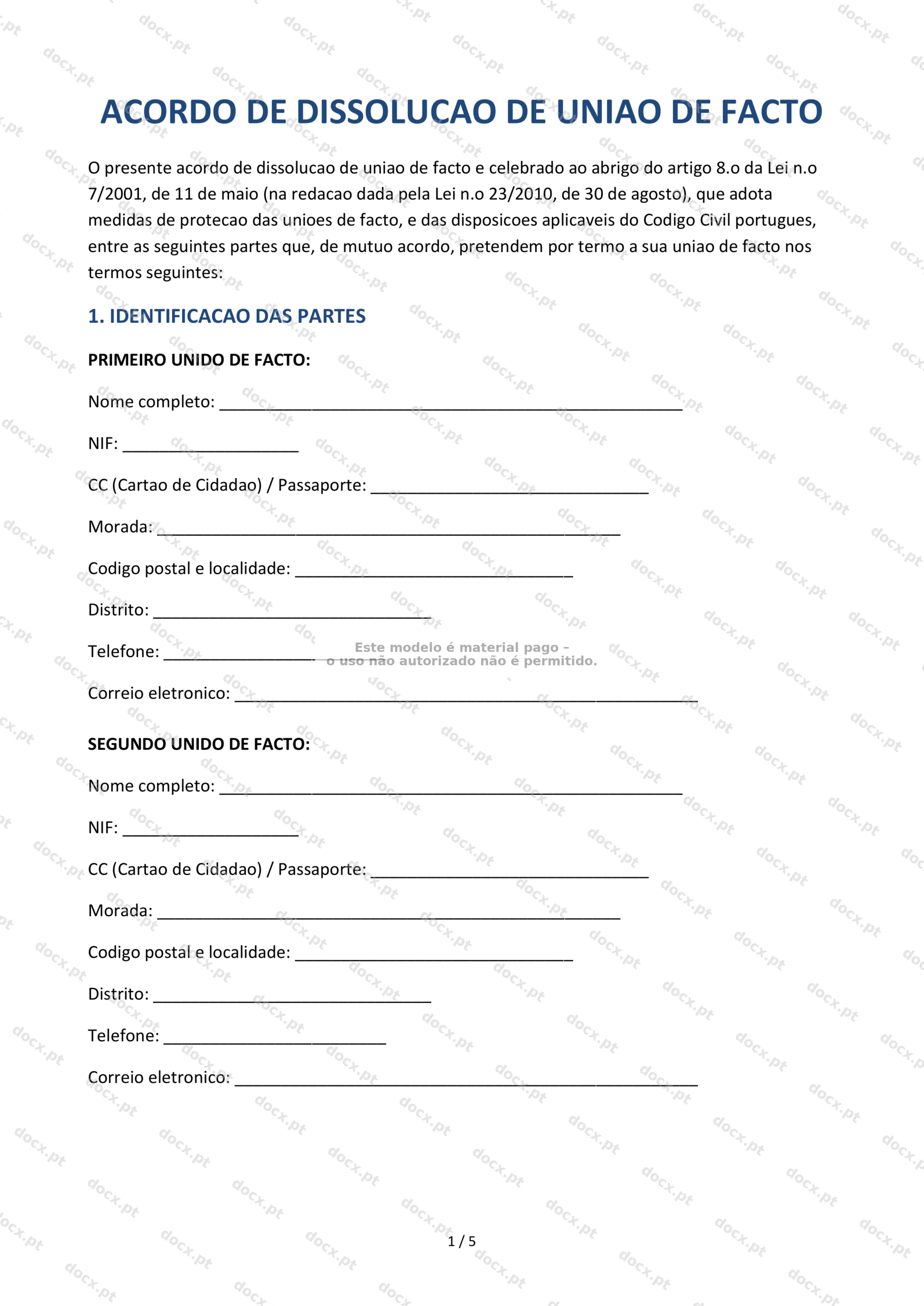 Acordo de Dissolução de União de Facto — Formulário Descarregável