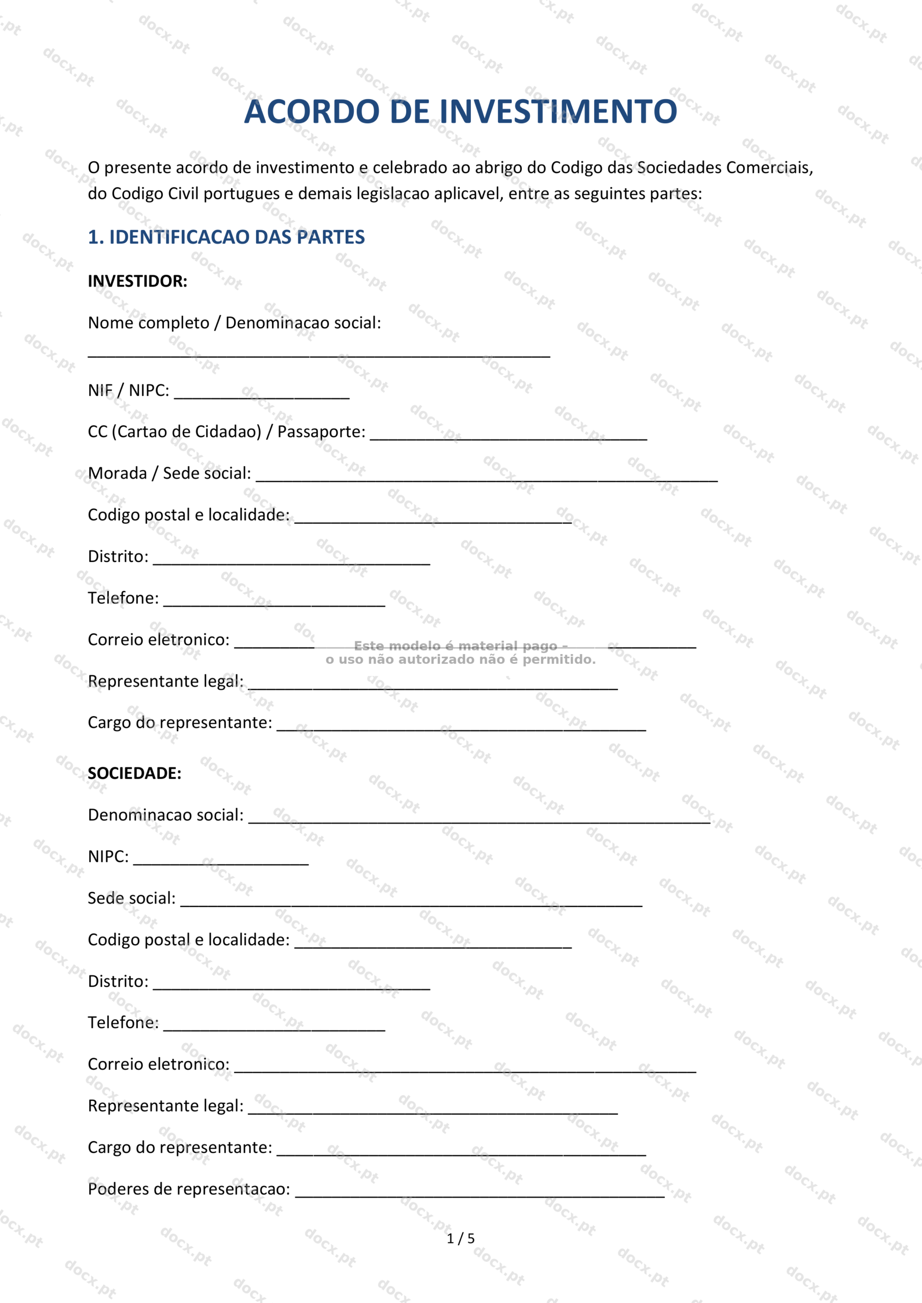 Acordo de Investimento — Modelo Word e PDF