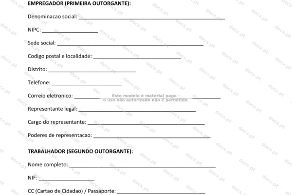 Acordo de não concorrência em papel A4, página 1, imagem de documento com texto impresso.