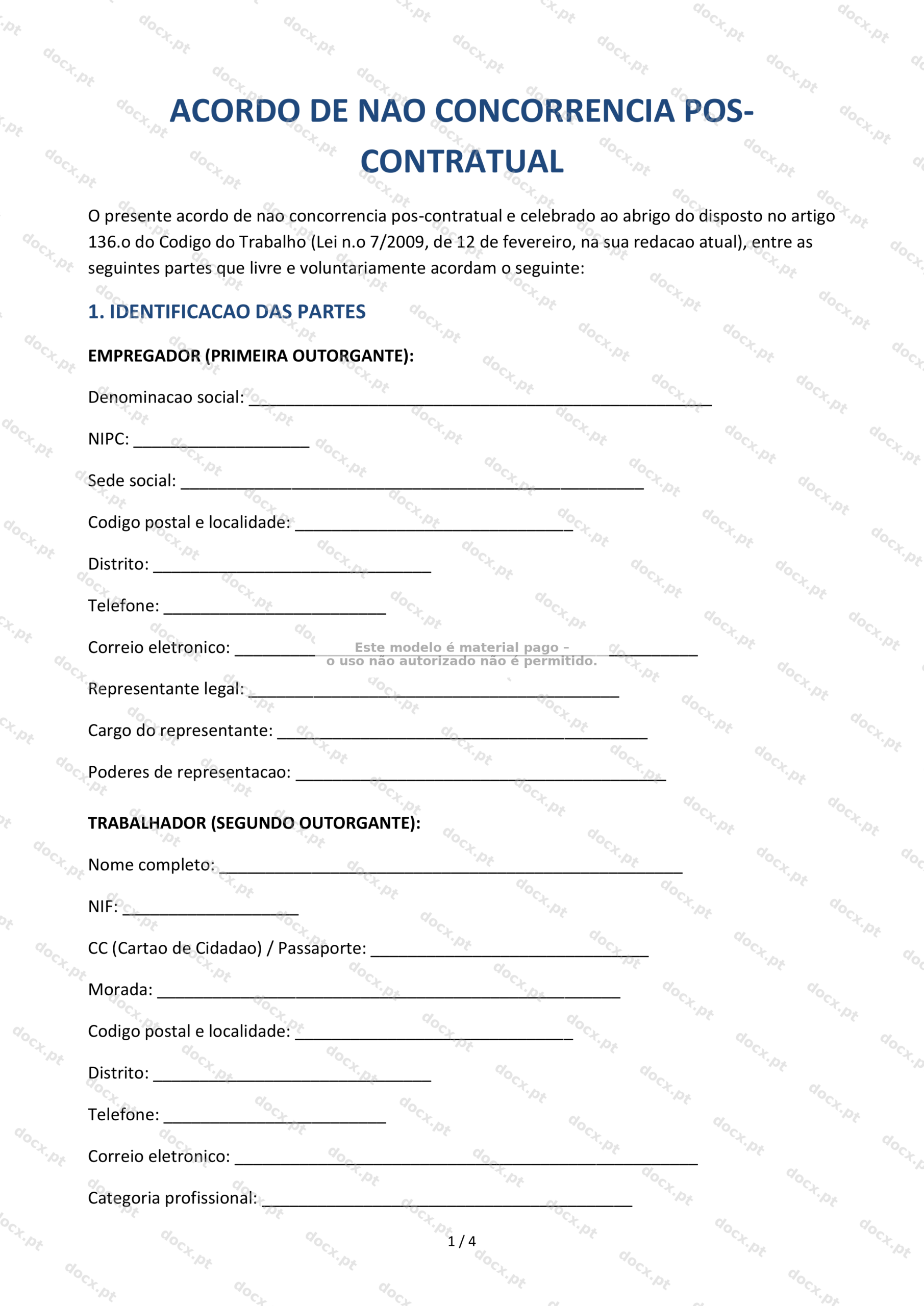 Acordo de Não Concorrência Pós-Contratual — Documento Descarregável