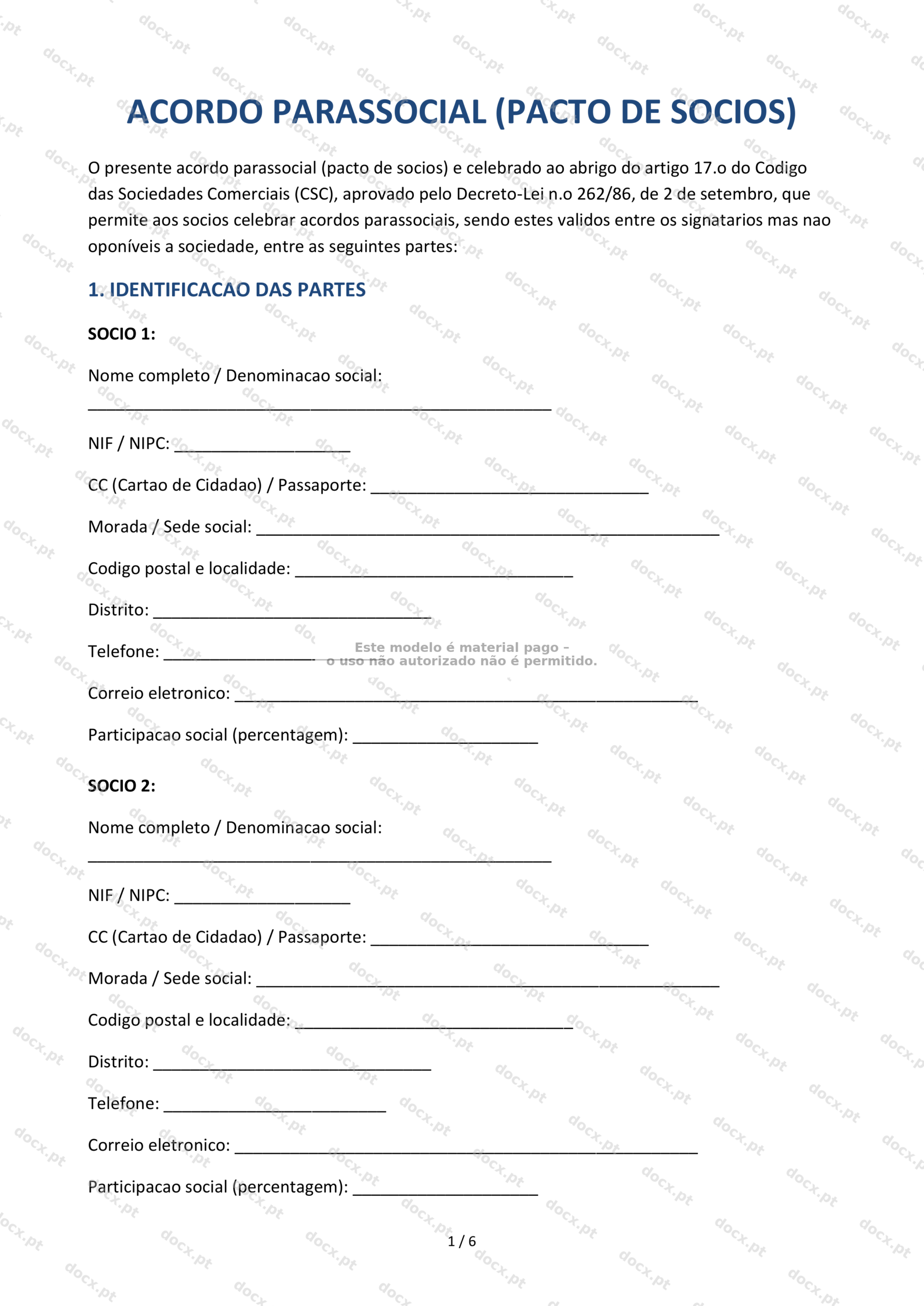 Acordo Parassocial (Pacto de Sócios) — Modelo Editável
