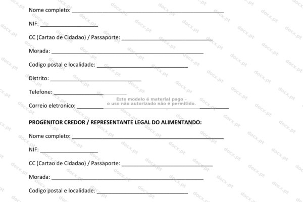 Acordo de pensão alimentícia, página 1, documento em formato A4.
