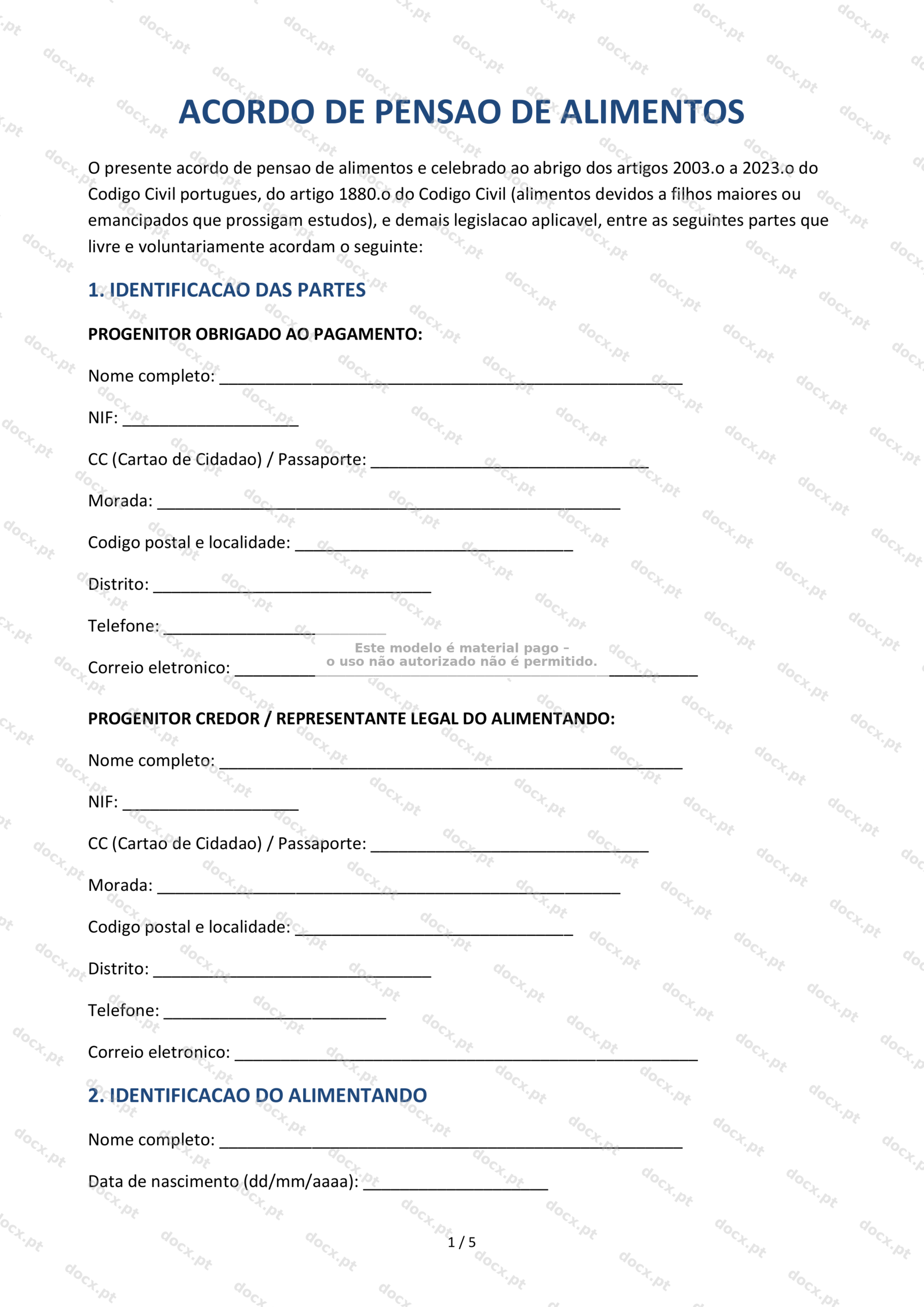 Acordo de Pensão de Alimentos — Documento Word e PDF