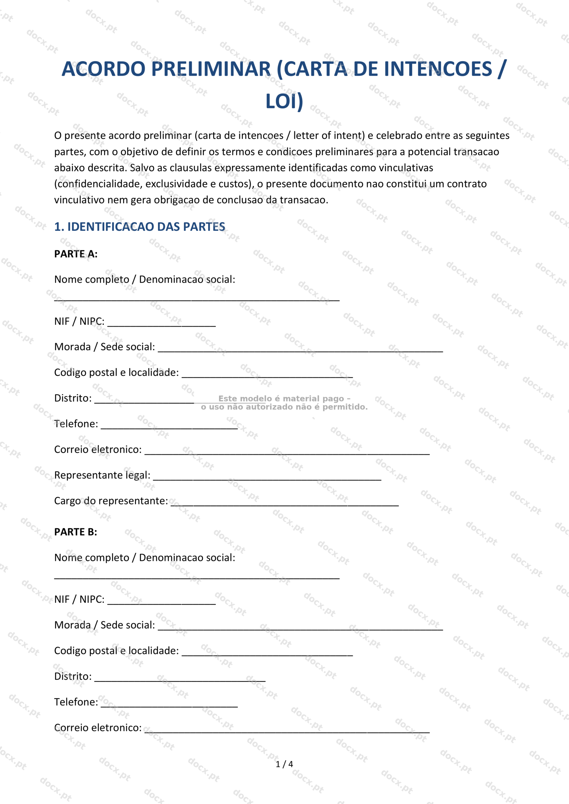 Acordo preliminar (Carta de Intenções / LOI) — Modelo Word e PDF