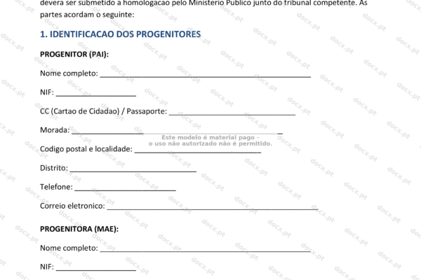 Página 1 de um acordo de regulação do poder paternal, em formato A4.