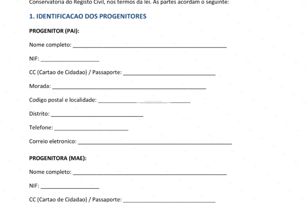 Página 1 de um acordo de regulação do poder paternal, em formato A4.