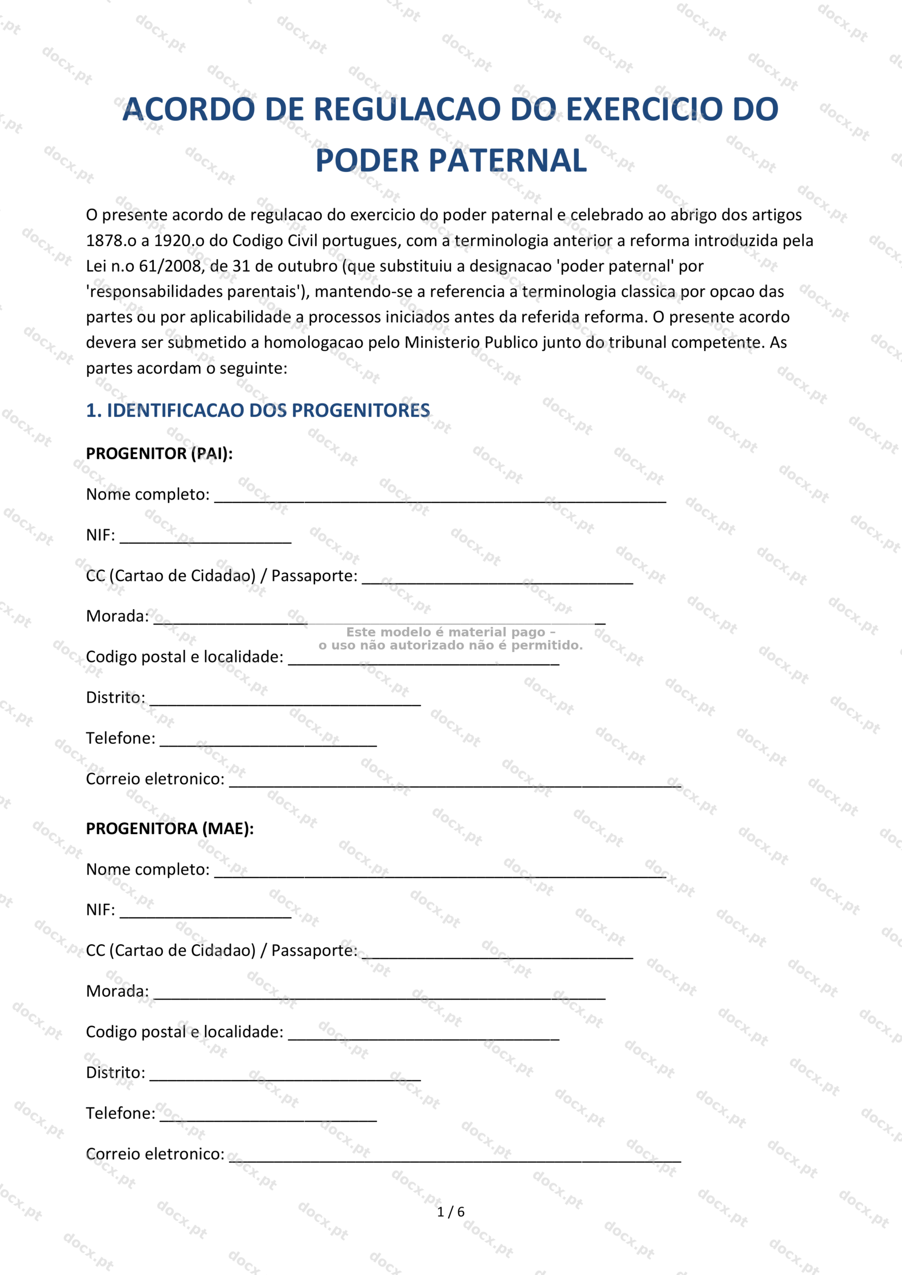 Acordo de regulação do poder paternal — Documento Word e PDF