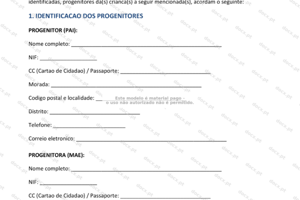 Acordo de regulação de responsabilidades parentais - página 1, formato A4 (em escala).