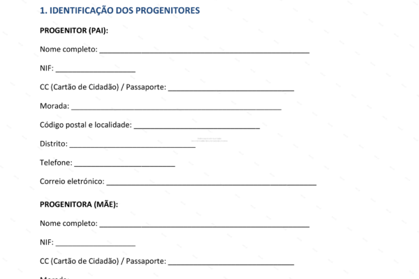 Acordo de regulação de responsabilidades parentais - página 1, formato A4 (em escala).