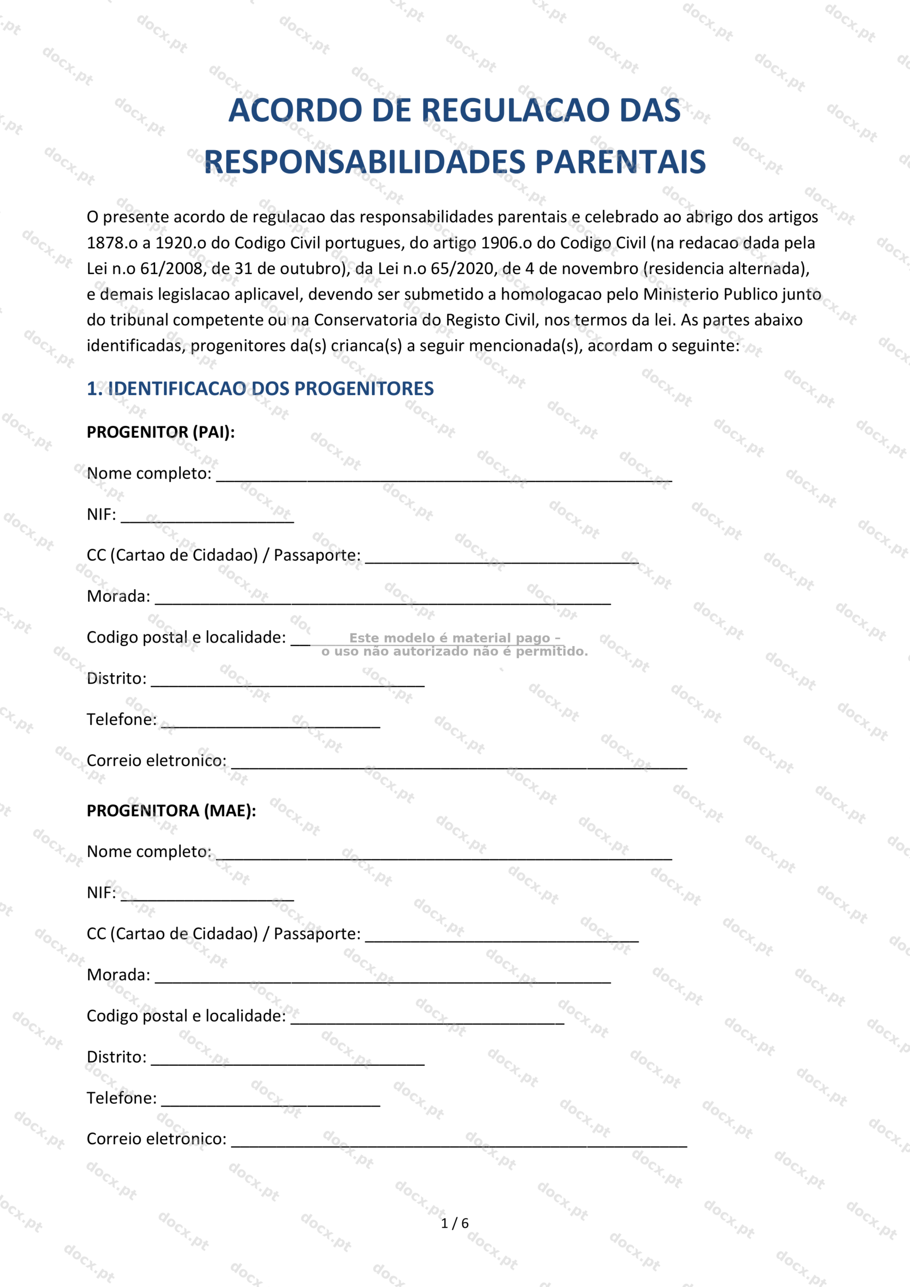 Acordo de regulação das responsabilidades parentais — Formulário Descarregável