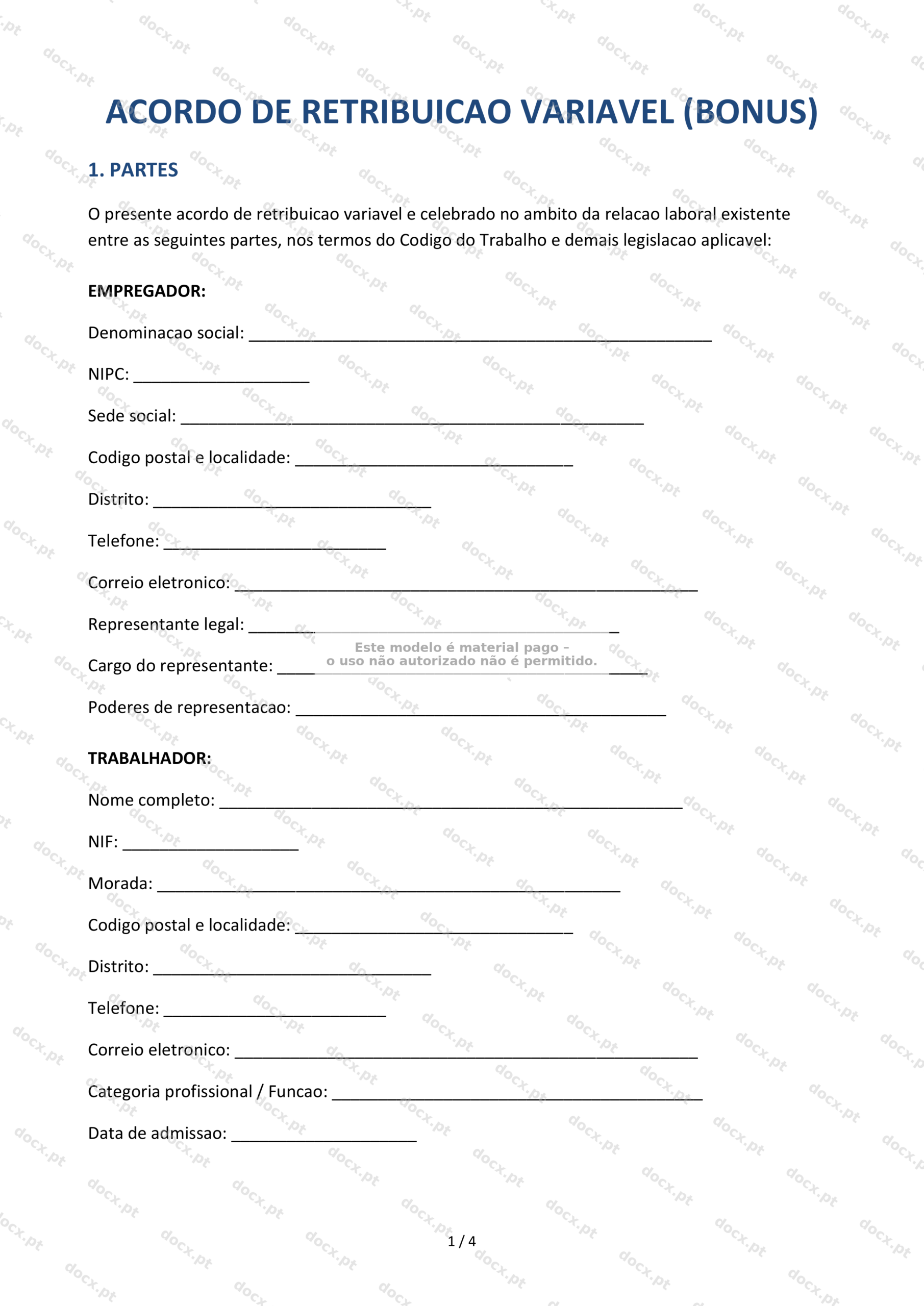 Acordo de retribuição variável — Modelo Editável