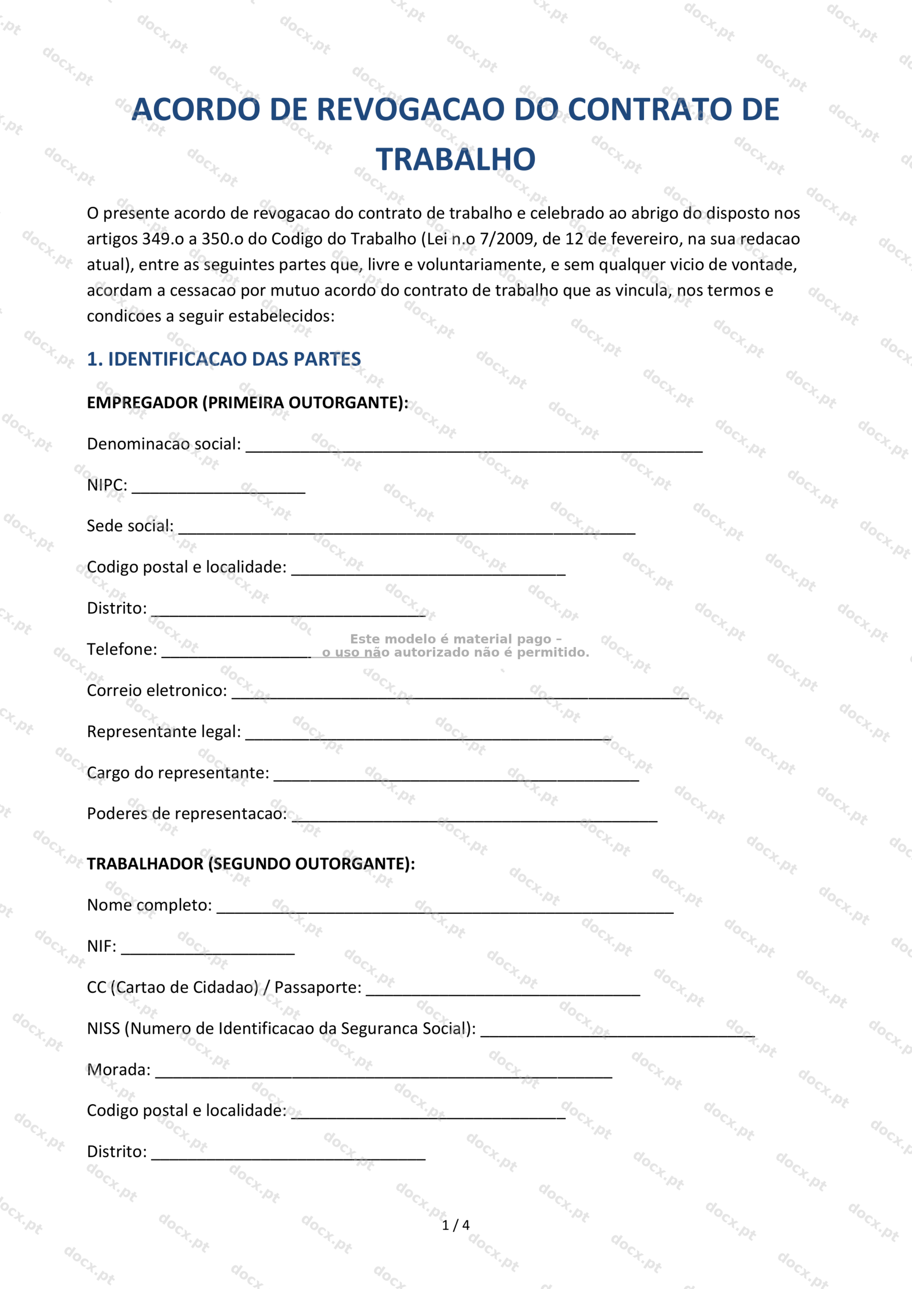 Acordo de revogação do contrato de trabalho — Word e PDF