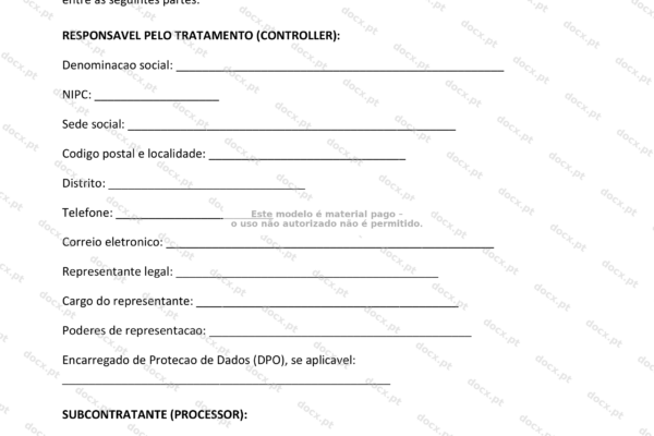 Acordo de tratamento de dados RGPD, página 1 em formato A4.