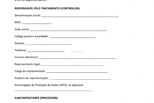 Acordo de tratamento de dados RGPD, página 1 em formato A4.