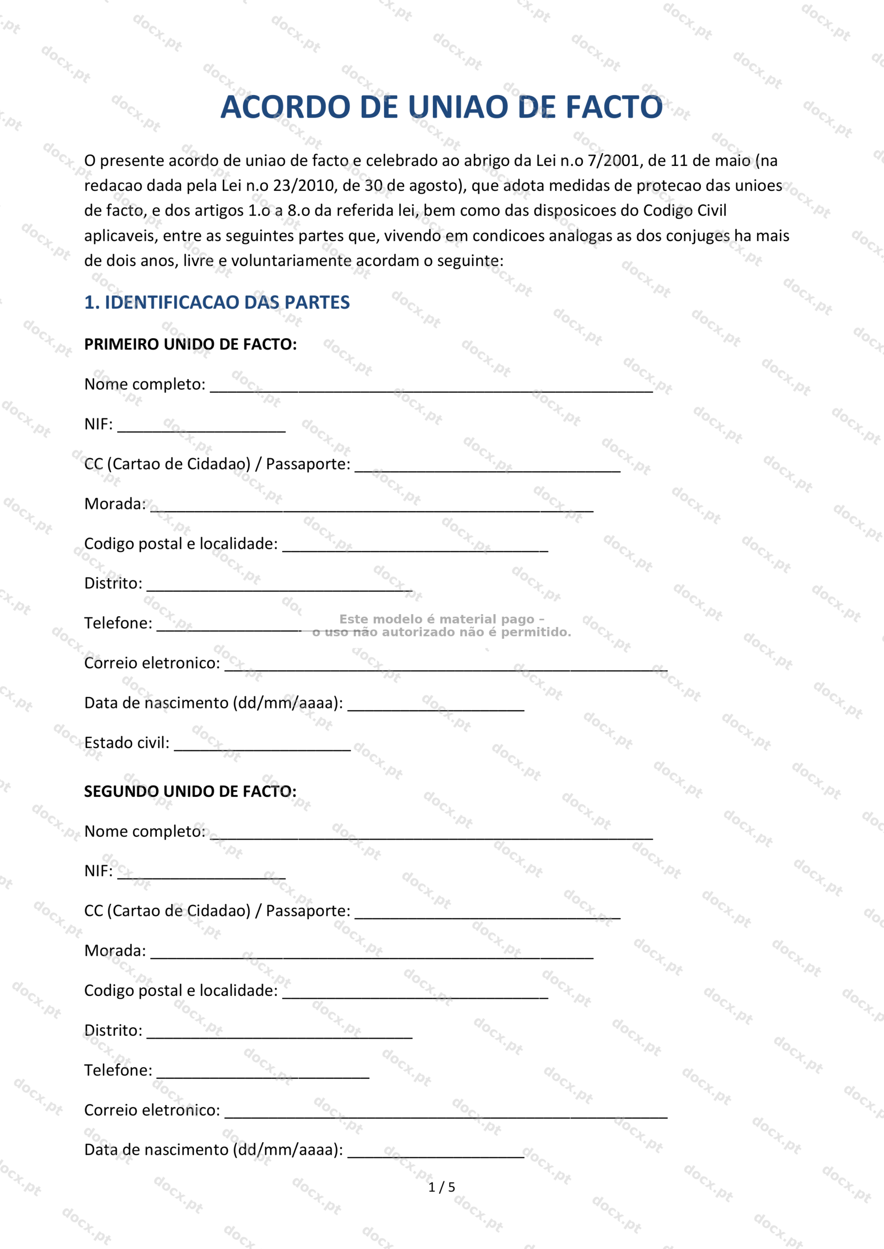 Acordo de união de facto — Modelo Word Editável