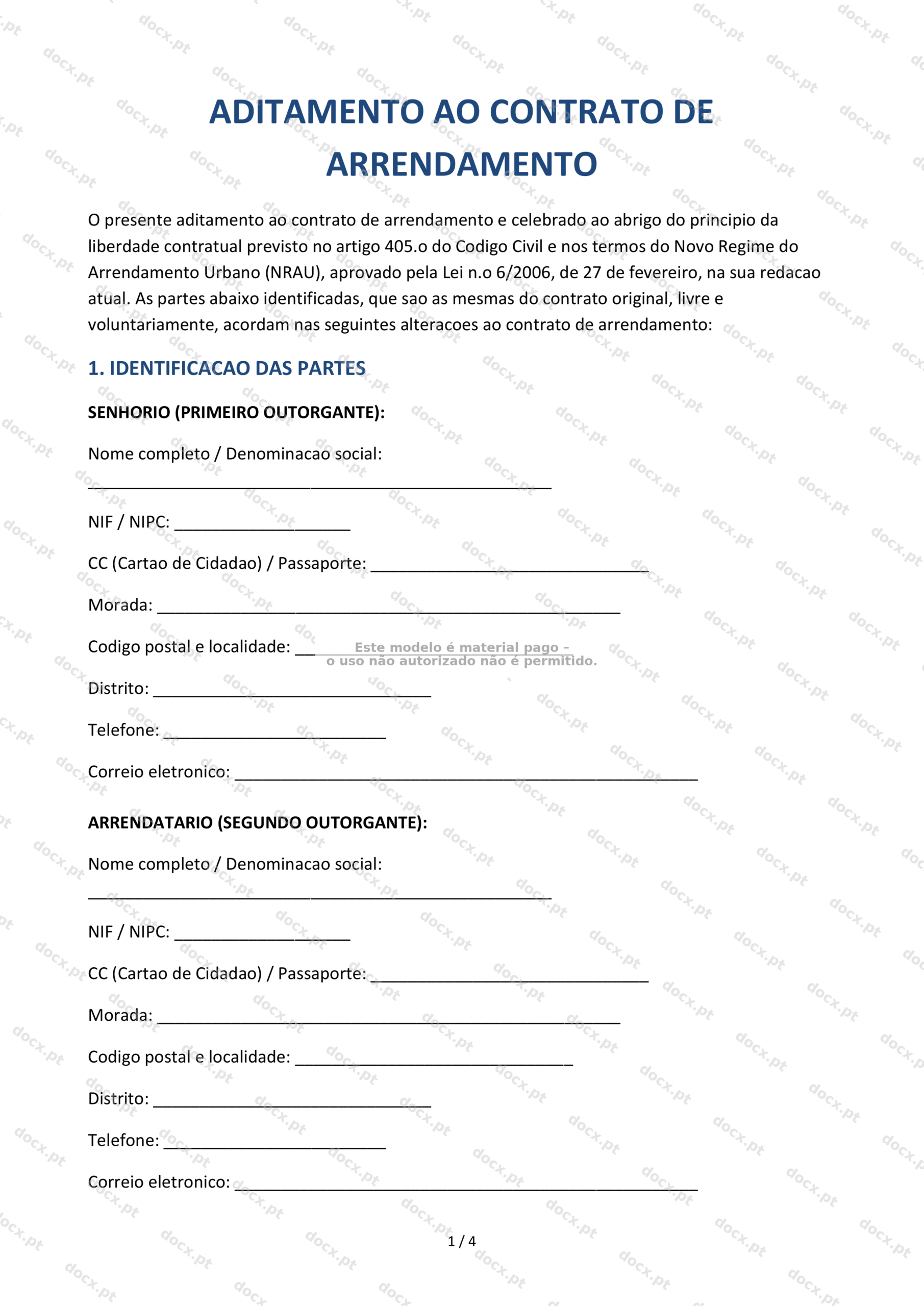 Aditamento ao contrato de arrendamento — Documento Word e PDF