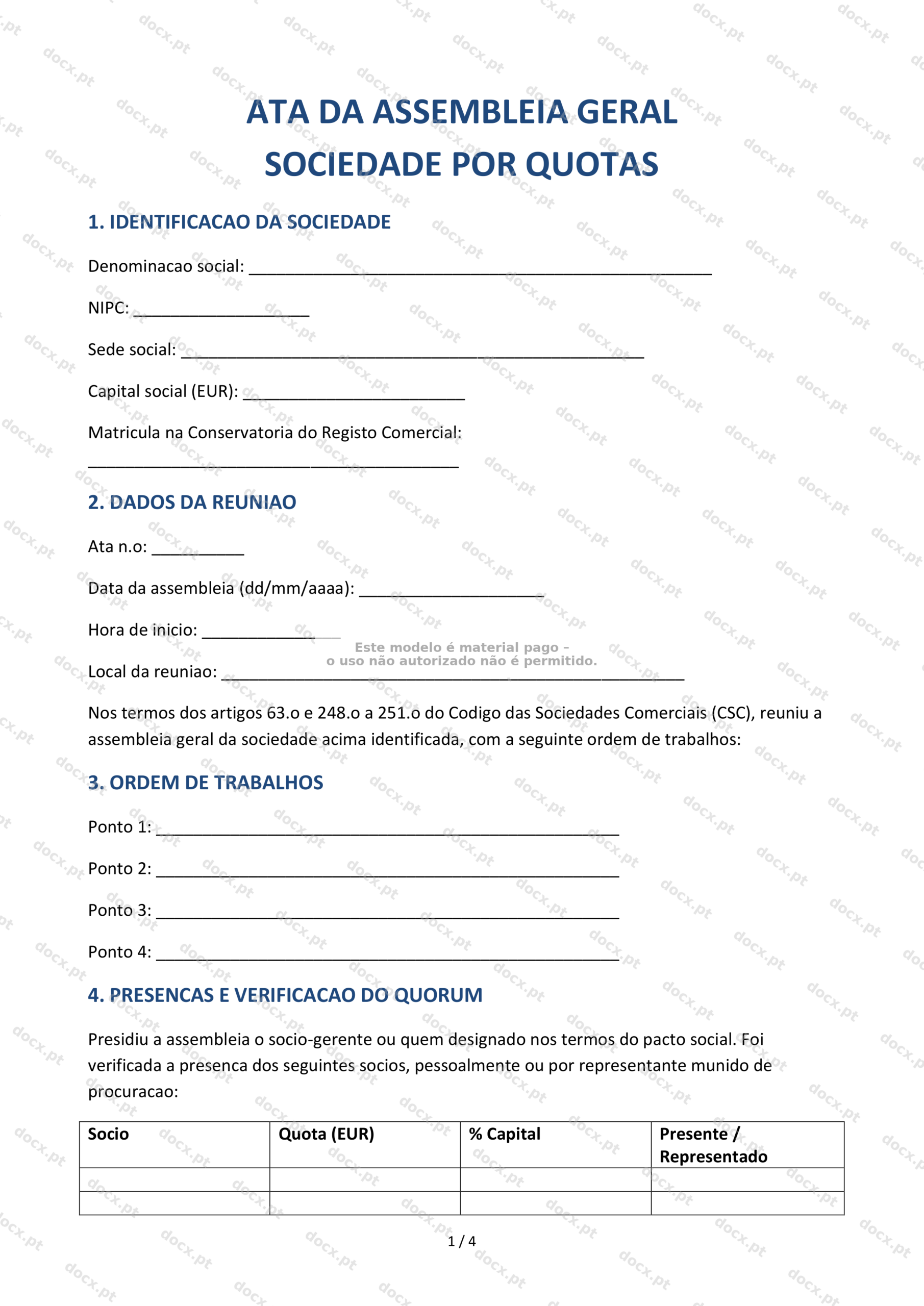 Ata de assembleia geral de Lda. — Modelo Editável