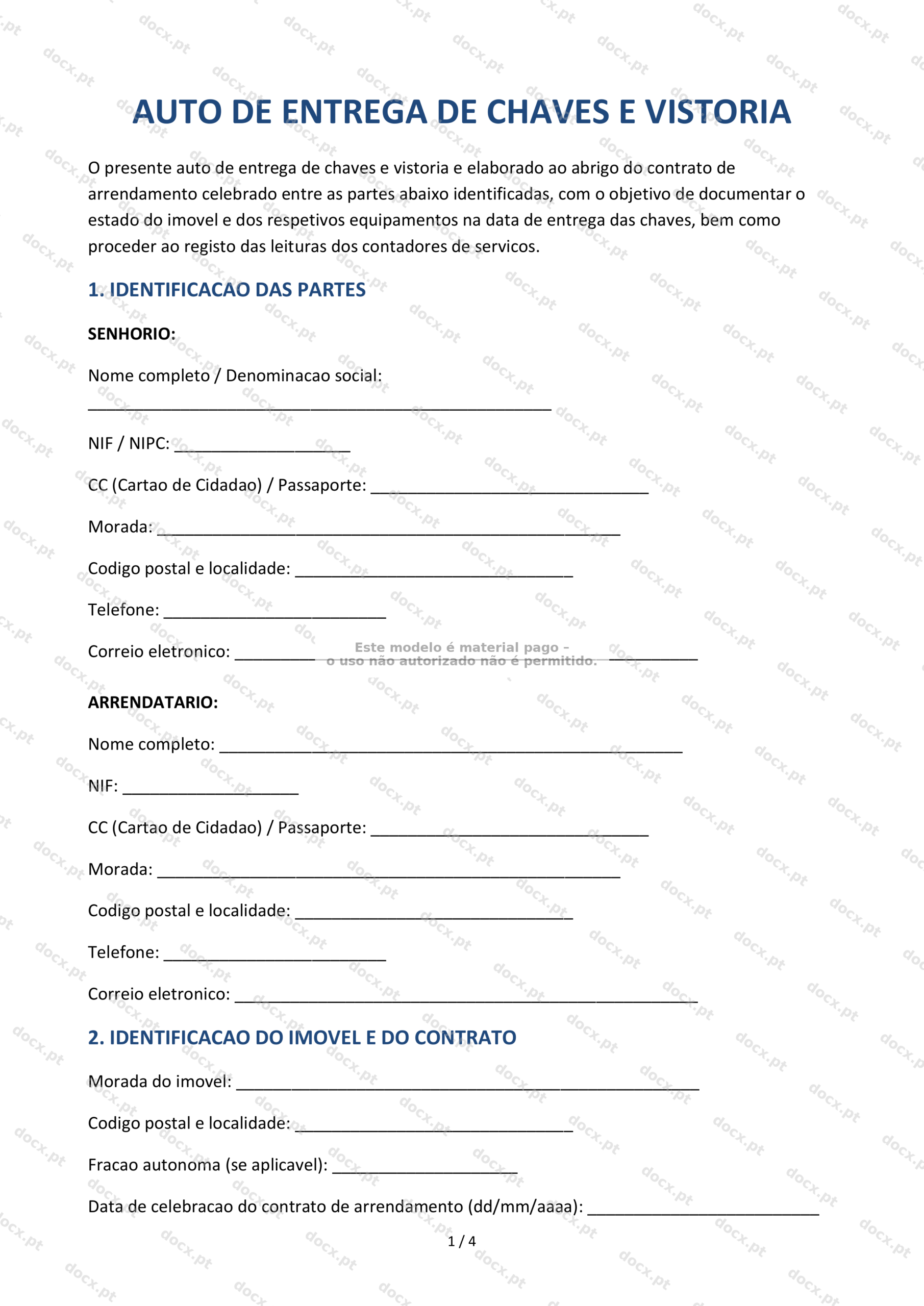 Auto de entrega de chaves e vistoria — Documento PDF Imprimível