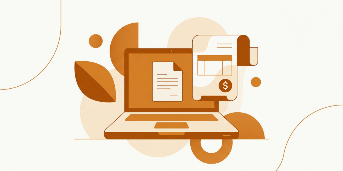 Imagem de blog sobre recibos verdes, com papéis fiscais, recibos e uma calculadora ao lado de um laptop.