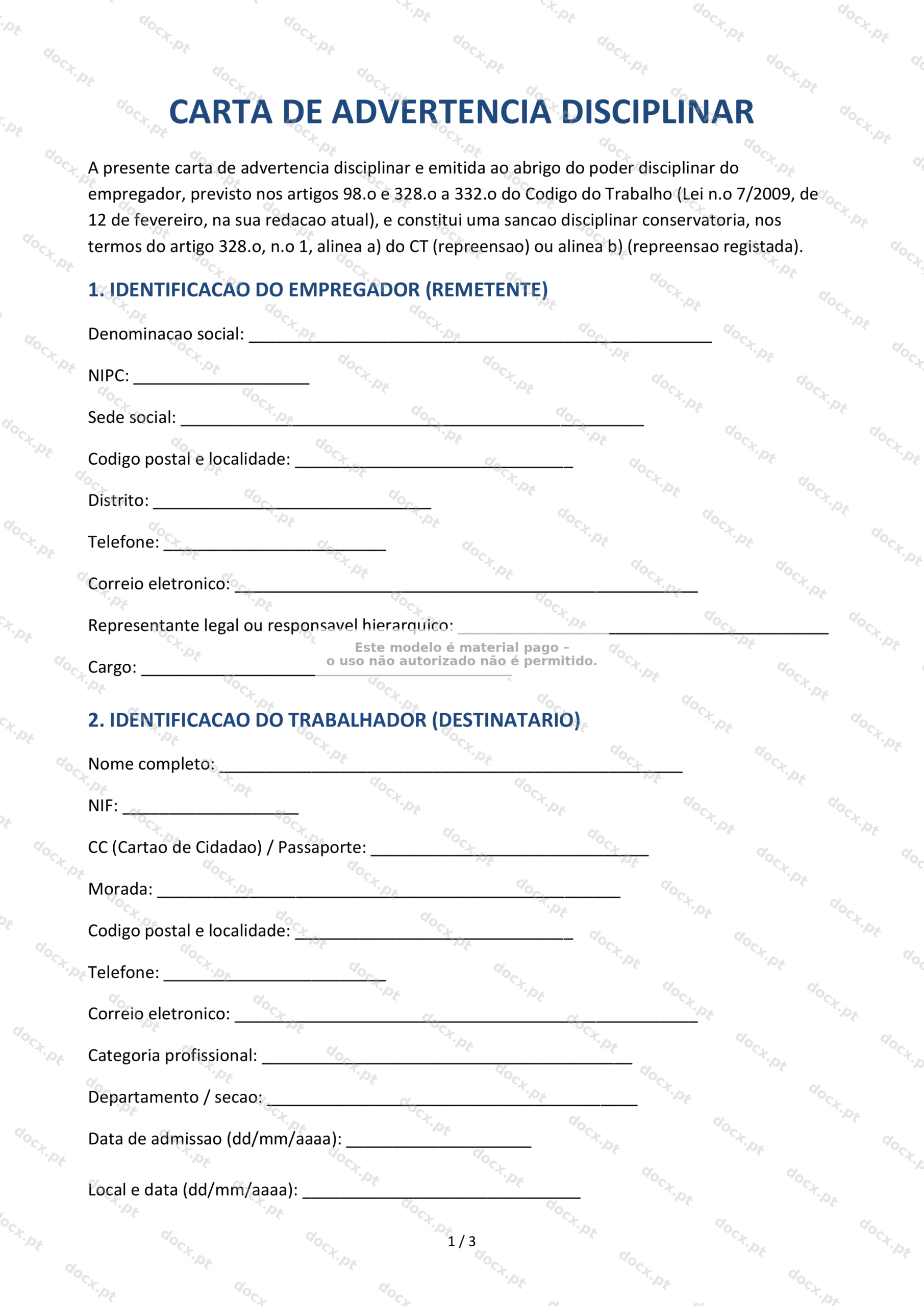 Carta de advertência disciplinar — Modelo Word e PDF