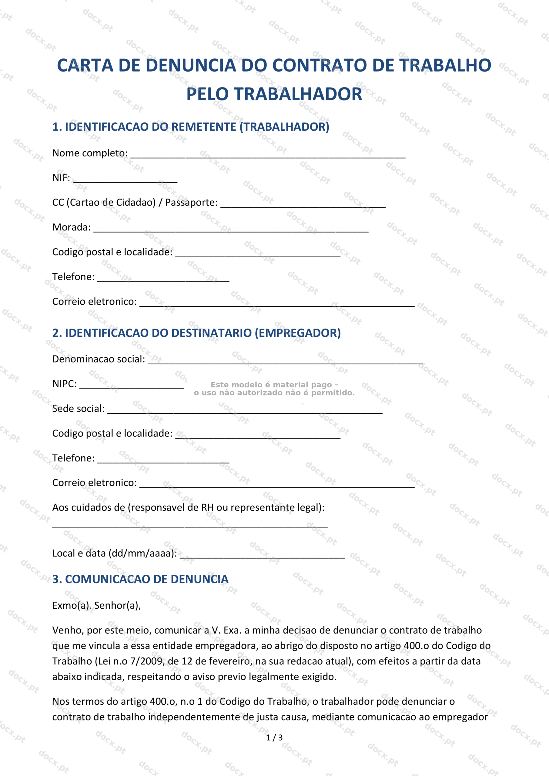Carta de denúncia do contrato de trabalho — Formulário Editável
