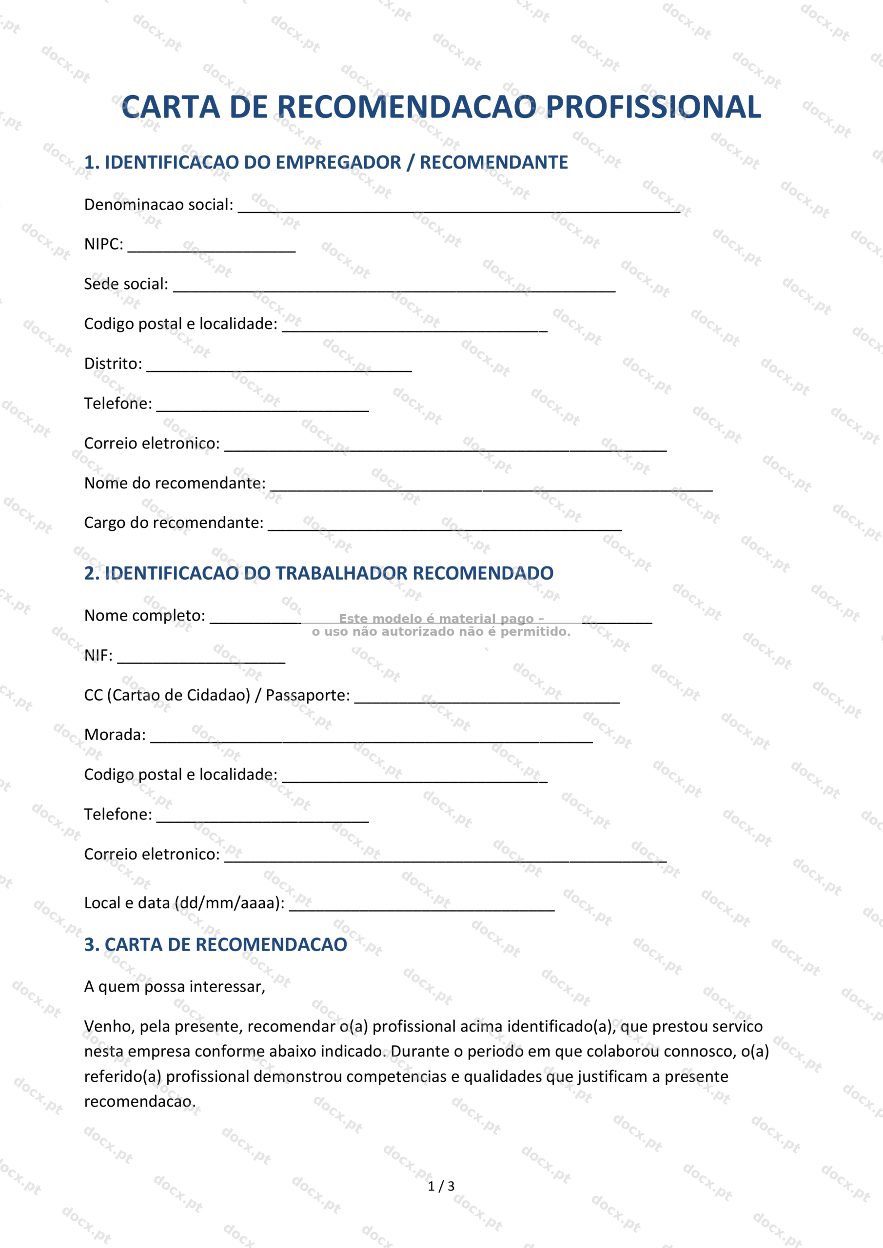Carta de recomendação profissional — Modelo Imprimível