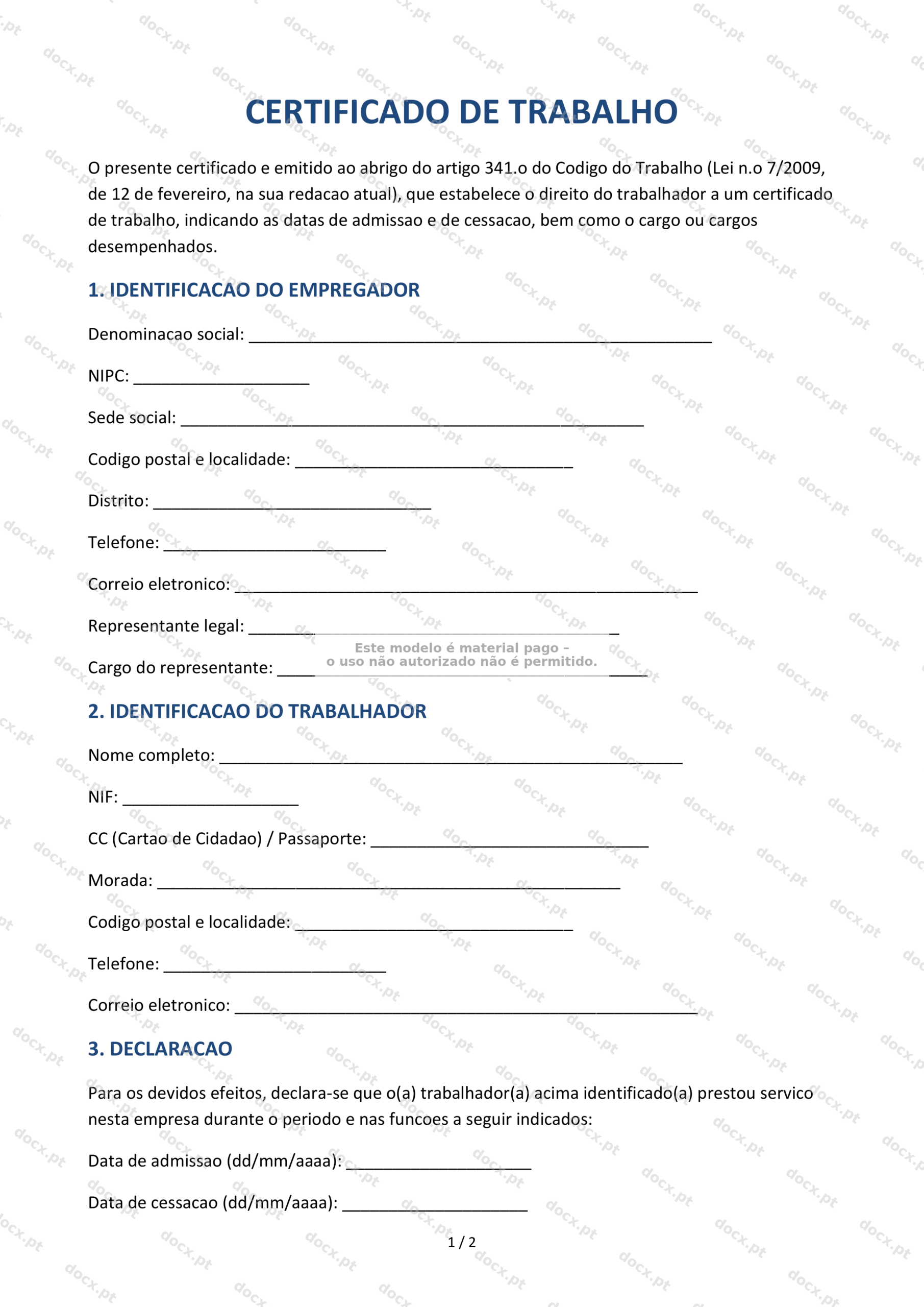 Certificado de trabalho — Documento Word e PDF