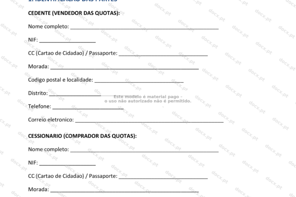 Documento de cessão de quotas em formato A4, página 1, com texto legível.