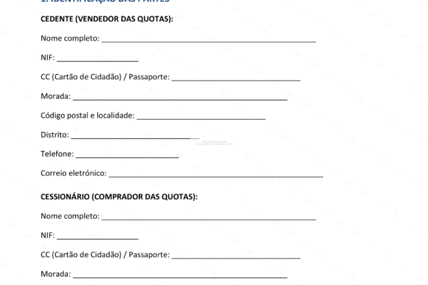 Documento de cessão de quotas em formato A4, página 1, com texto legível.
