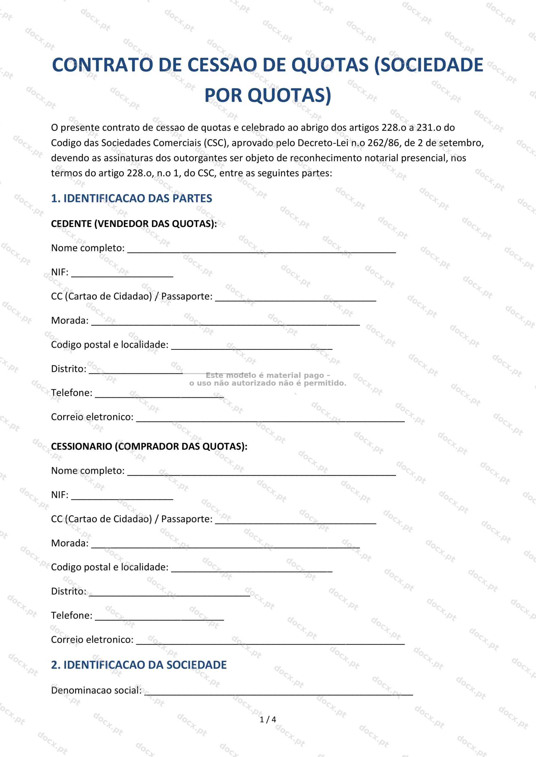 Contrato de cessão de quotas — Modelo Word Editável