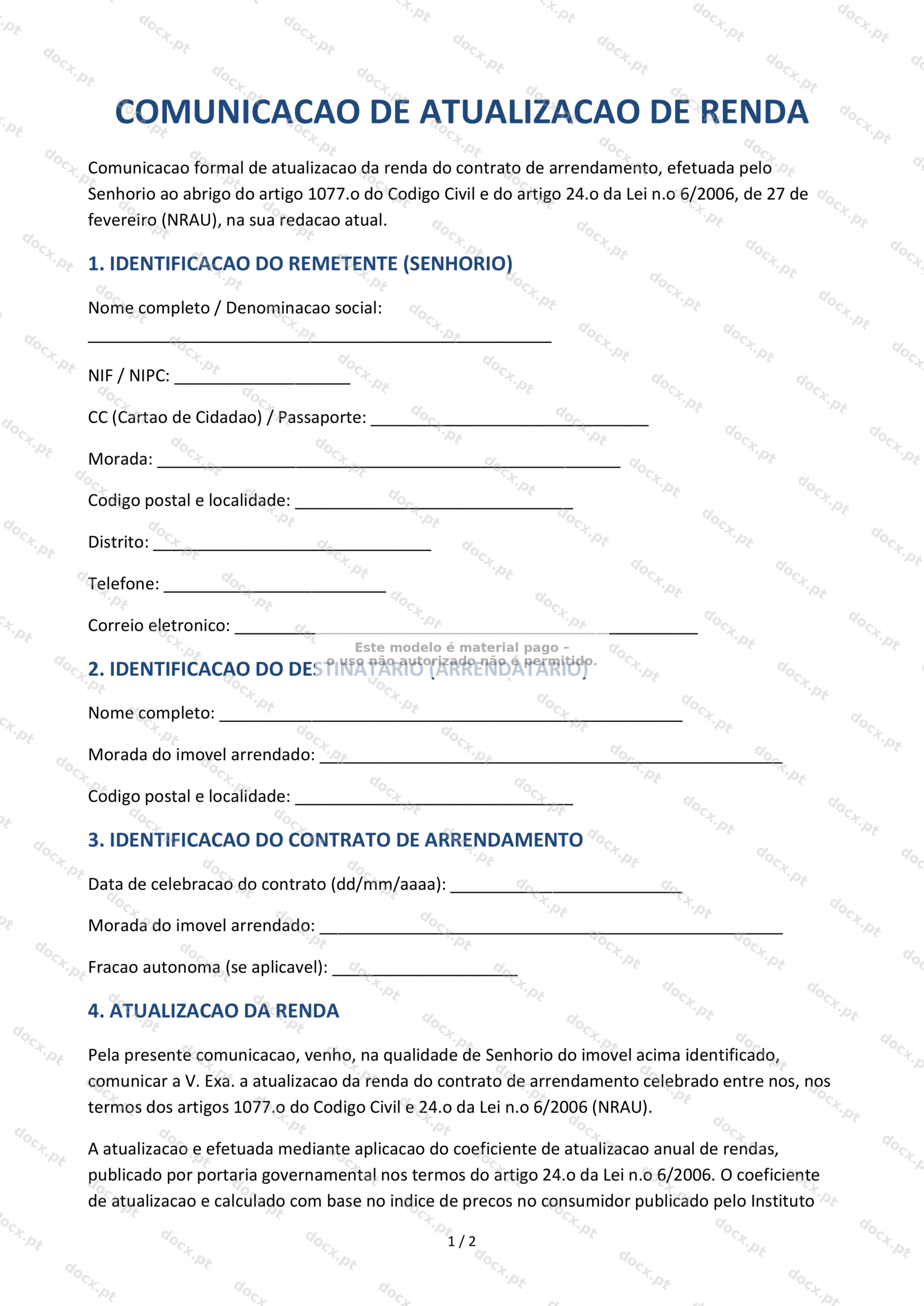 Comunicação de atualização de renda — Formulário Descarregável