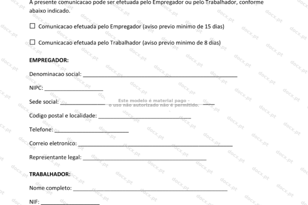 Documento em A4 com comunicação sobre caducidade de contrato e termos, página 1.
