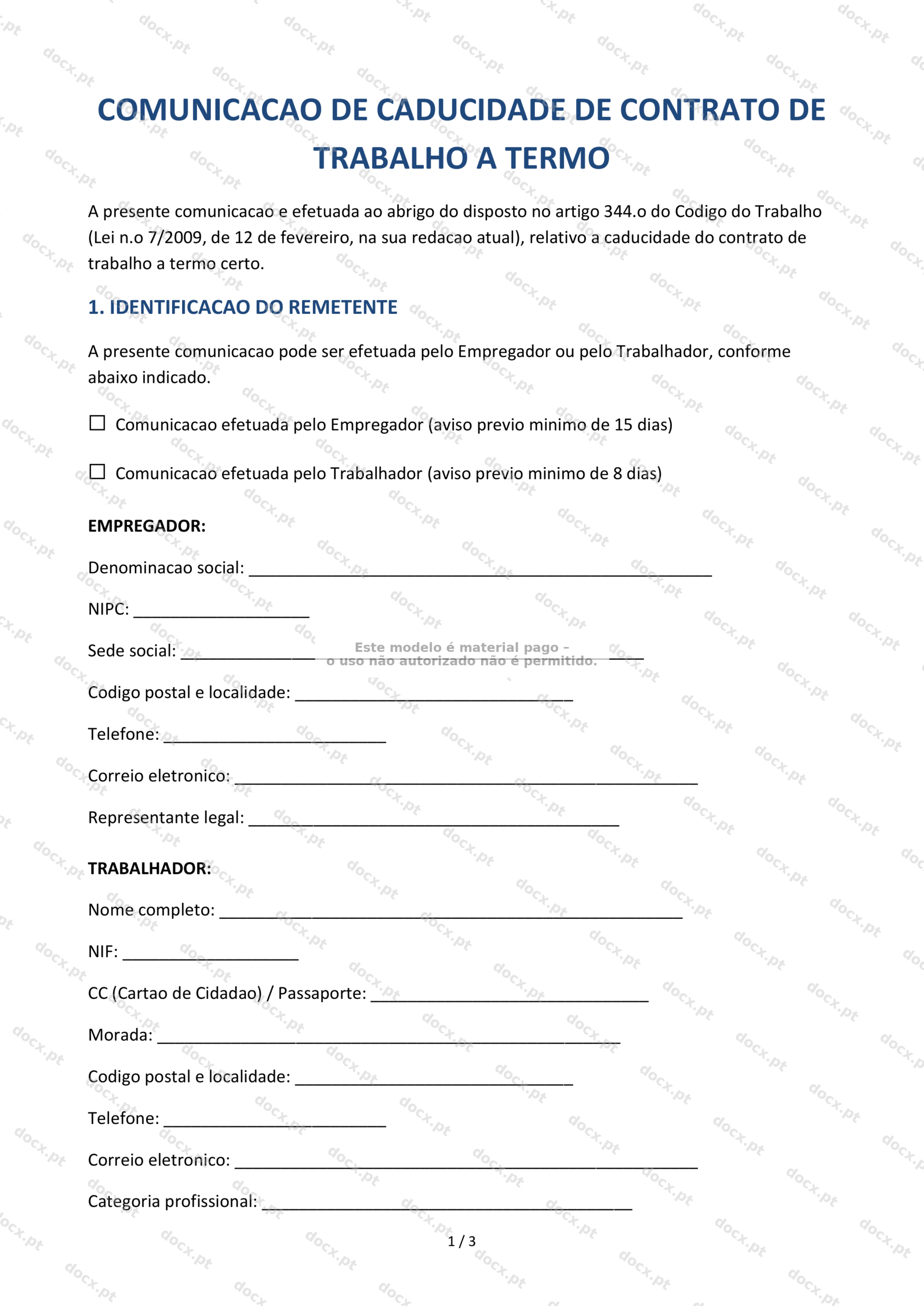 Comunicação de caducidade de contrato a termo — Documento Word e PDF