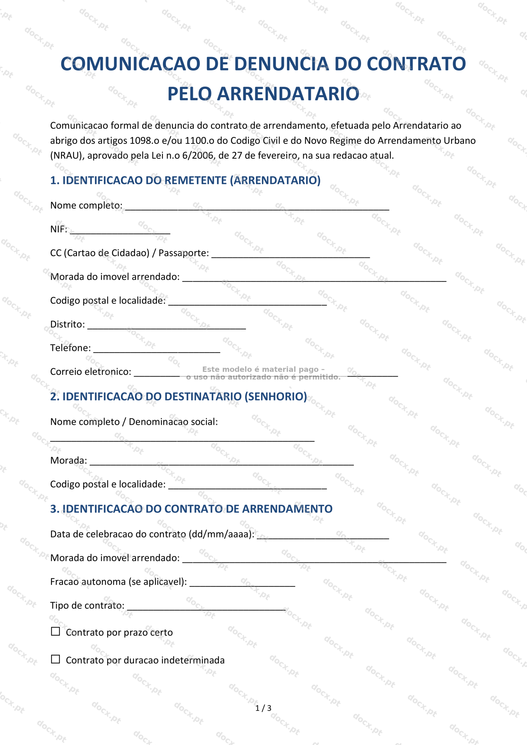 Comunicação de denúncia do contrato pelo arrendatário — Modelo Editável