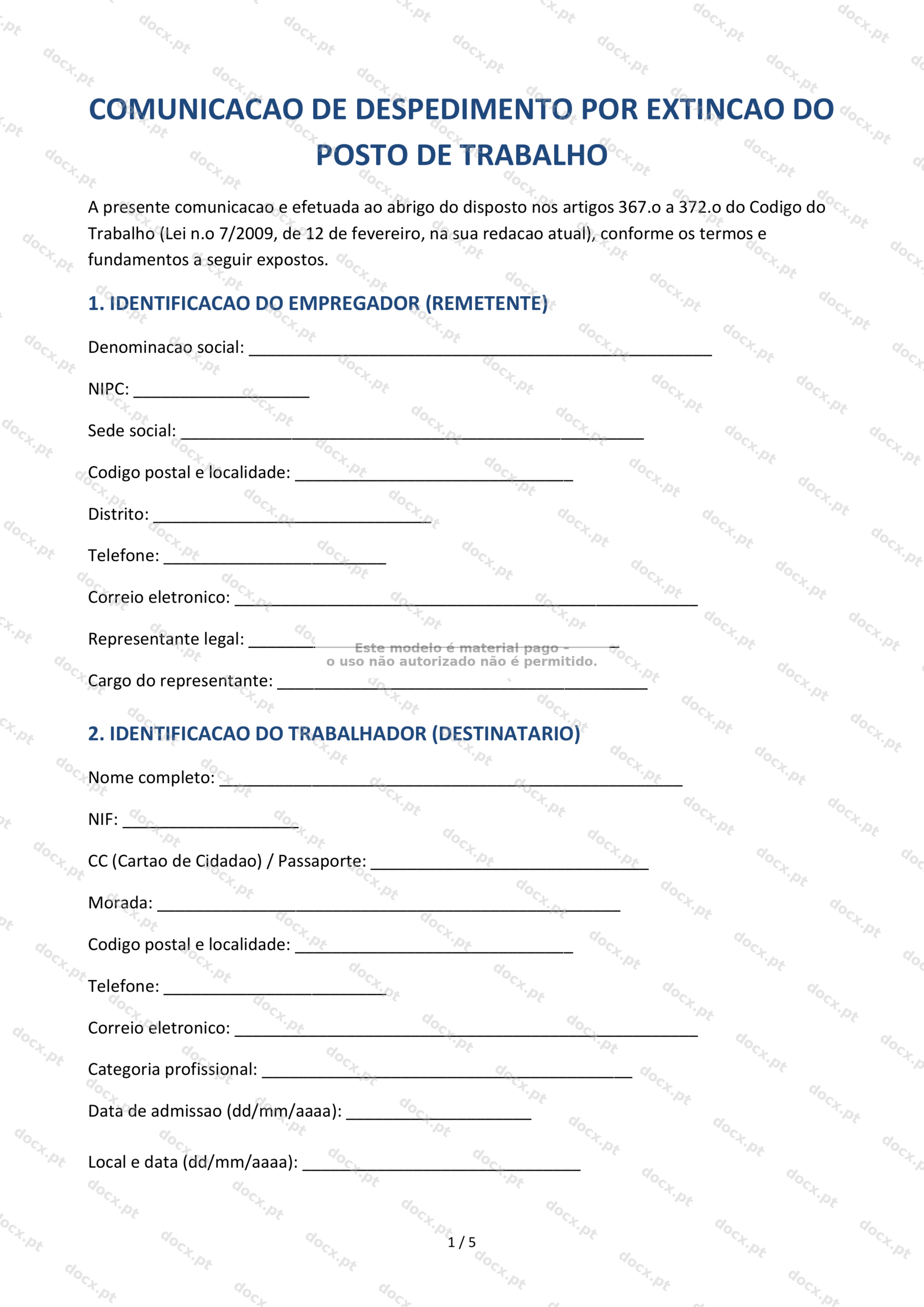 Comunicação de Despedimento por Extinção do Posto de Trabalho — Documento Word e PDF