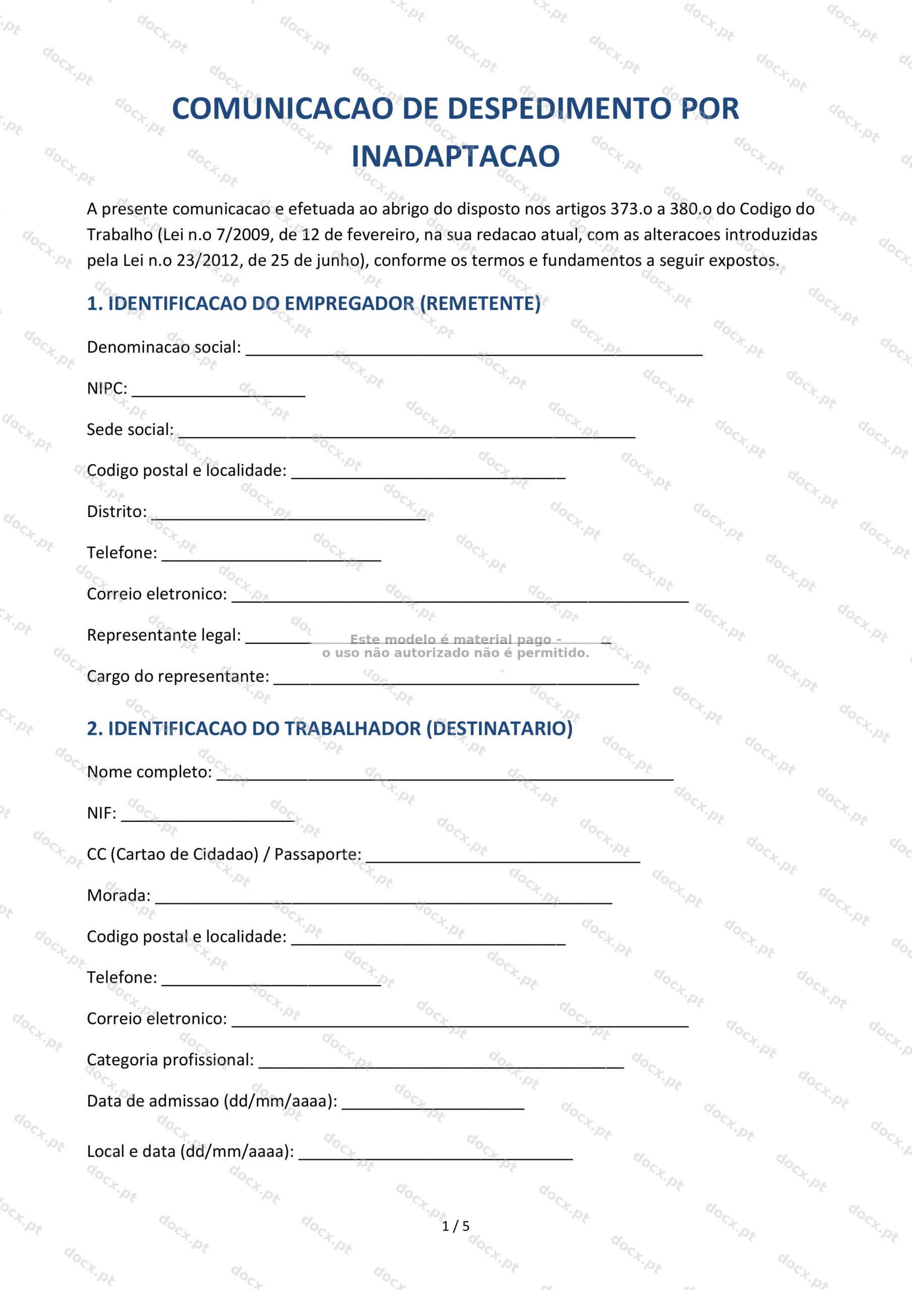 Comunicação de Despedimento por Inadaptação — Formulário Descarregável