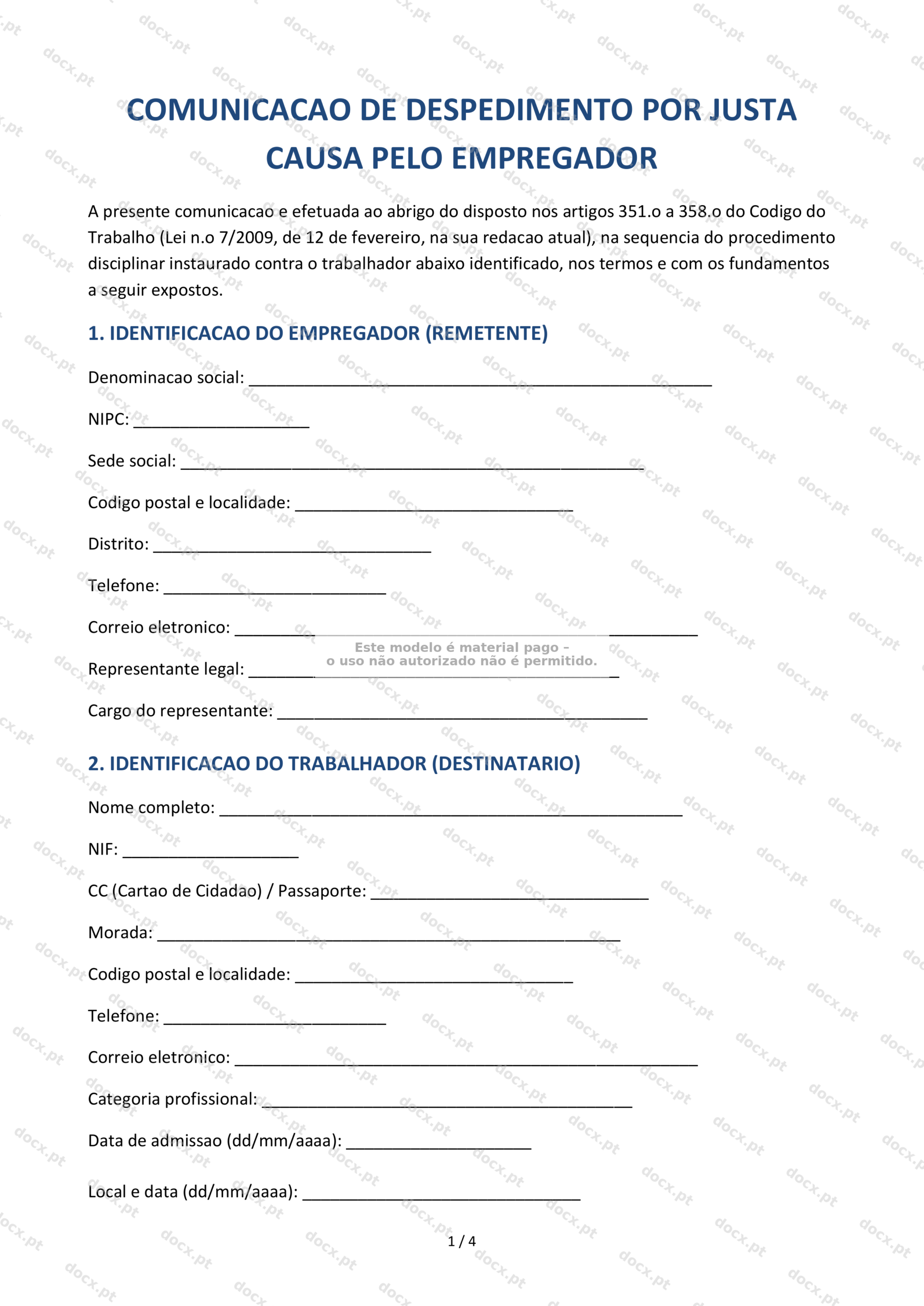 Comunicação de Despedimento por Justa Causa — Modelo Word e PDF