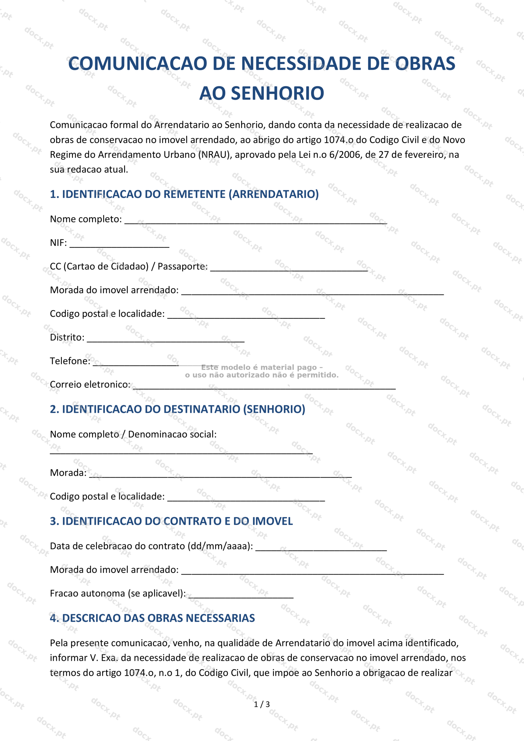 Comunicação de Necessidade de Obras ao Senhorio — Documento Descarregável