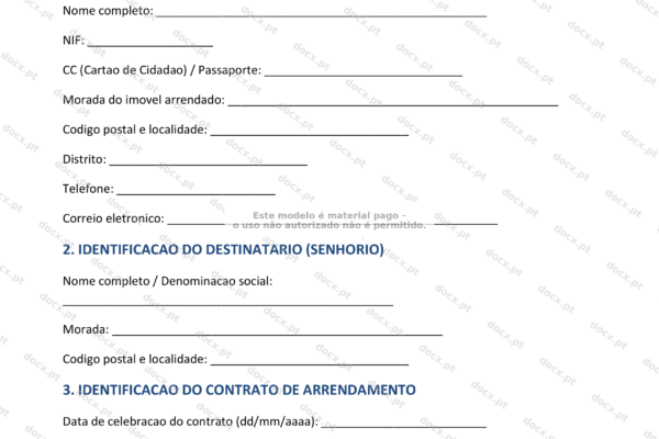 Documento A4 de comunicação de oposição à renovação do arrendamento pelo arrendatário, página 1