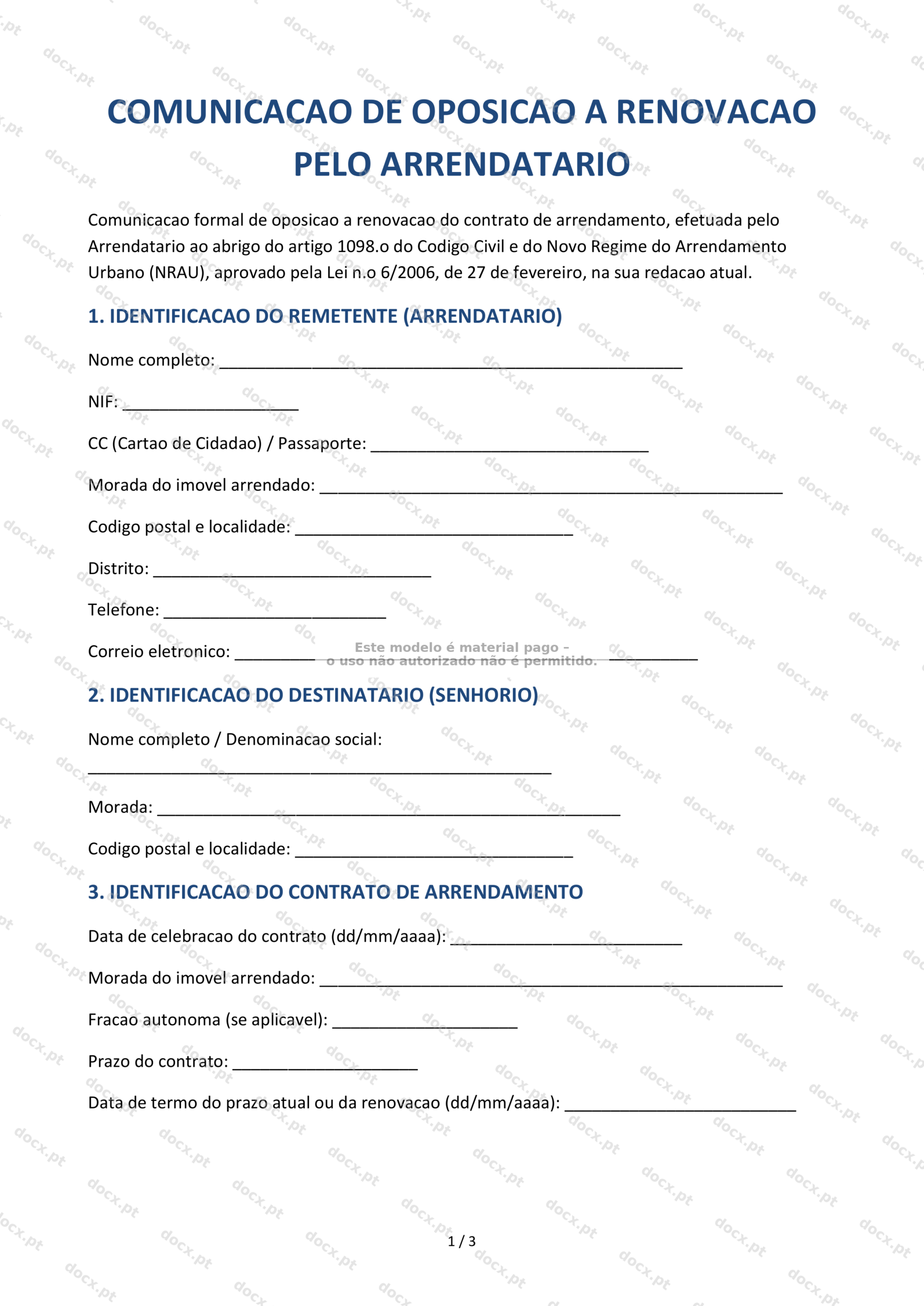 Comunicação de Oposição à Renovação pelo Arrendatário — Modelo Editável