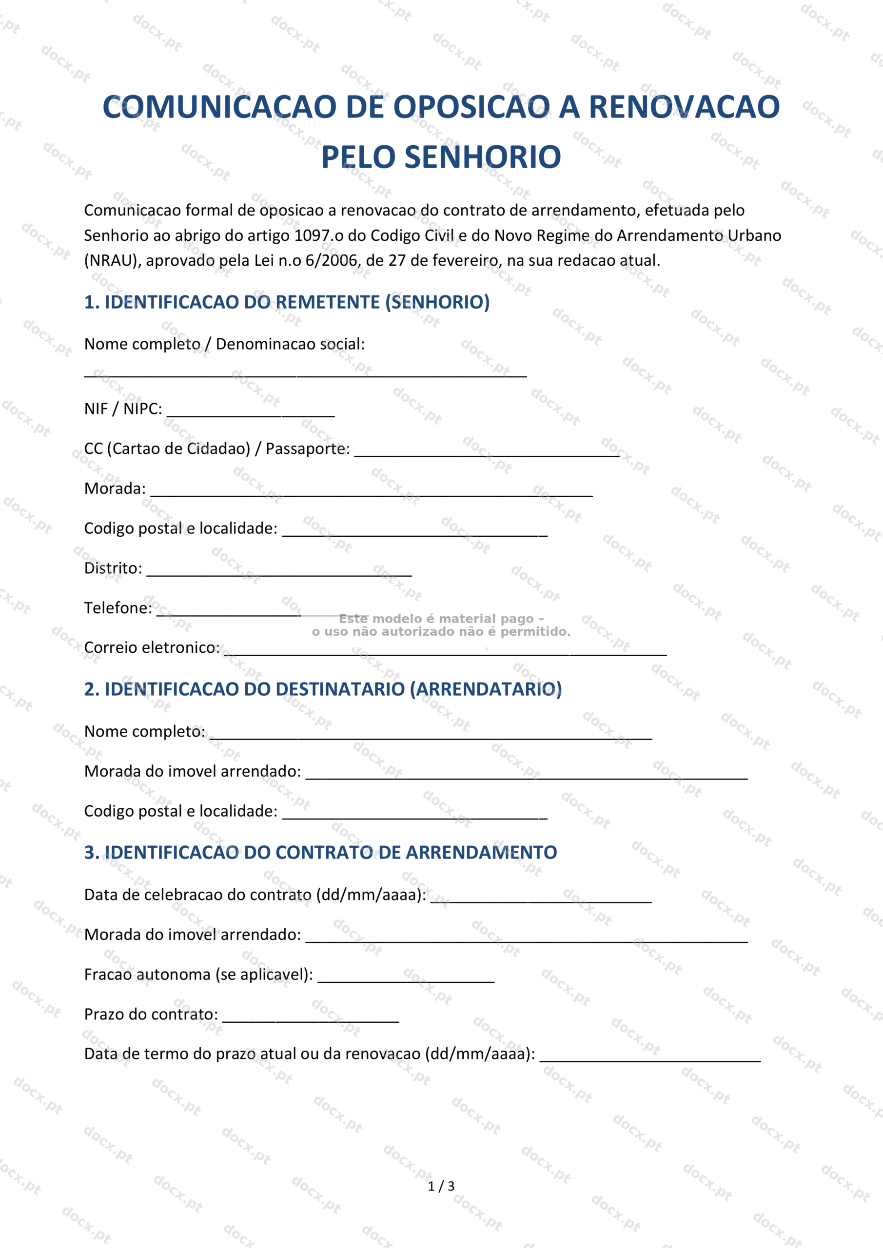 Comunicação de Oposição à Renovação pelo Senhorio — Documento Word e PDF